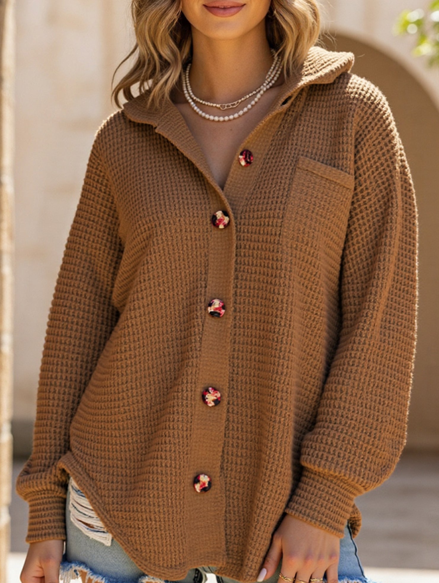 Solid color long-sleeved open-cardigan sweater