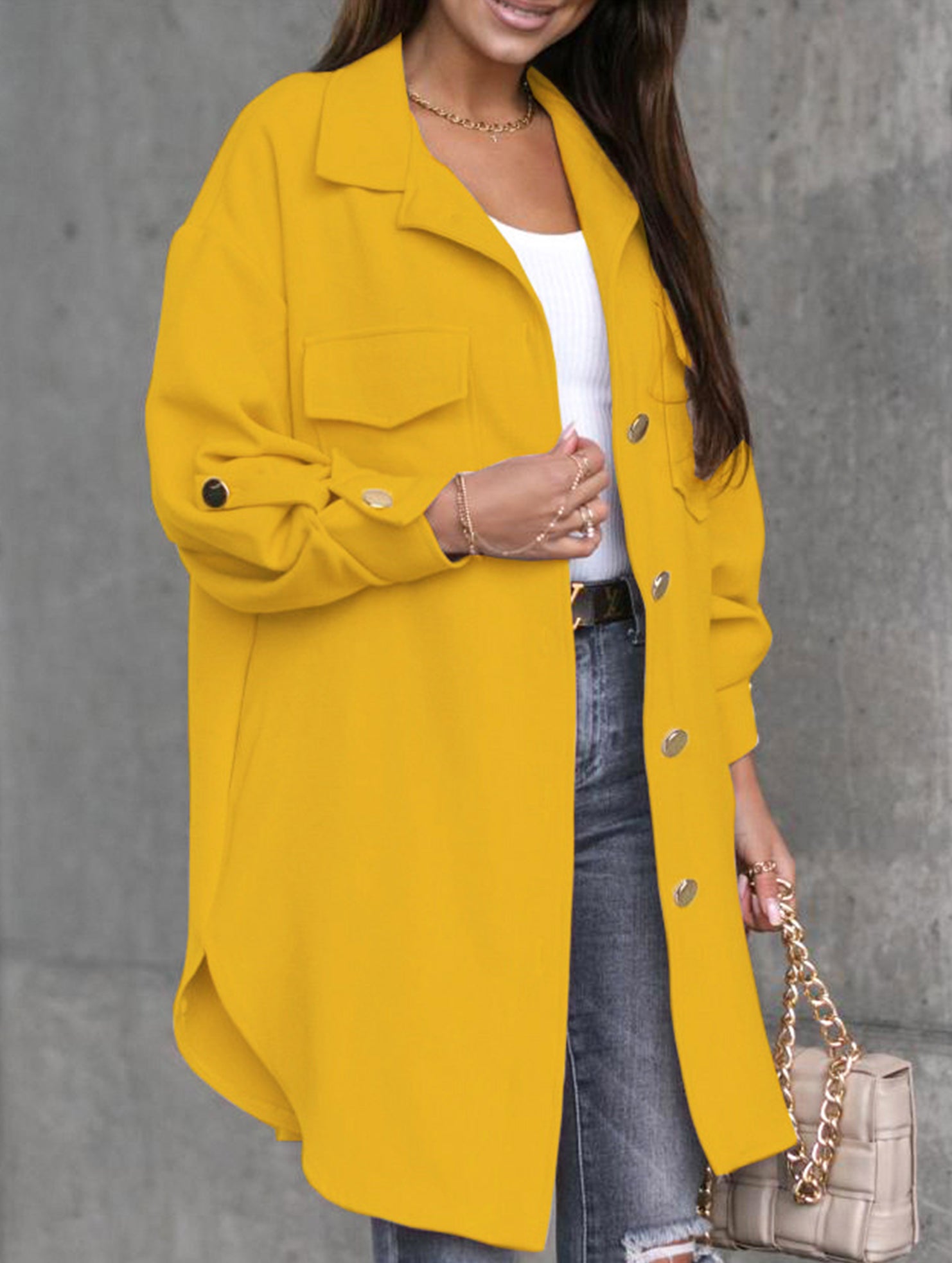 Button mid-length shirt jacket