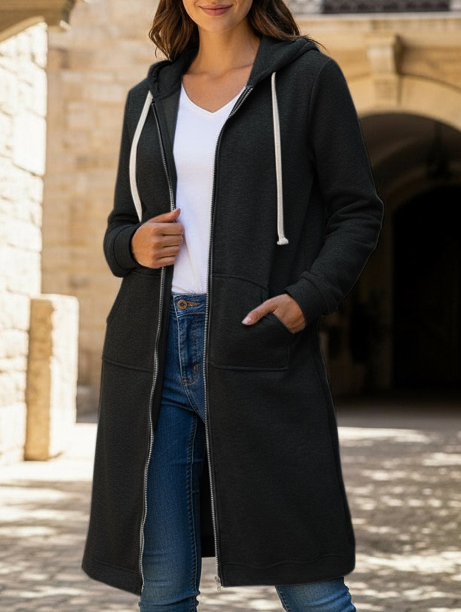 Loose zip-up long cardigan jacket