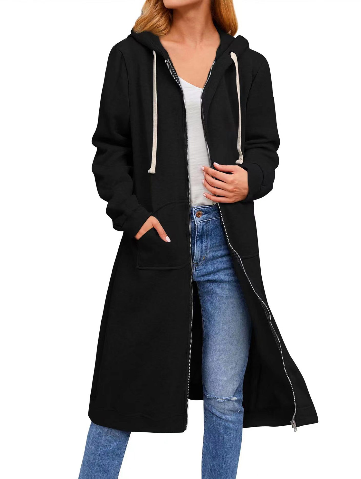 Loose zip-up long cardigan jacket