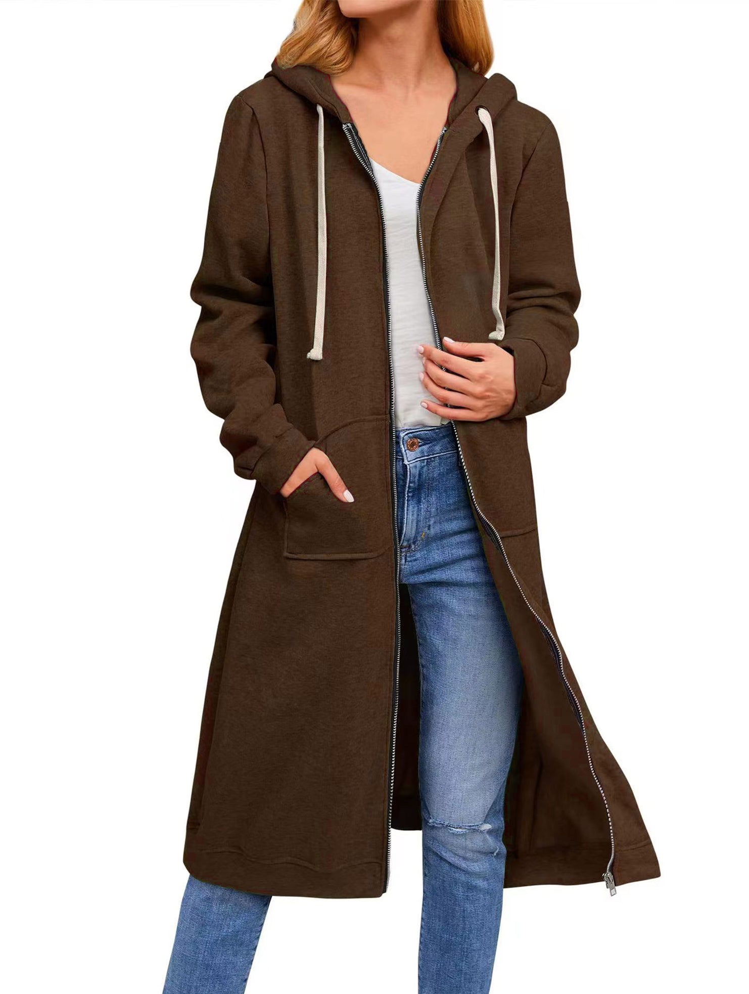 Loose zip-up long cardigan jacket