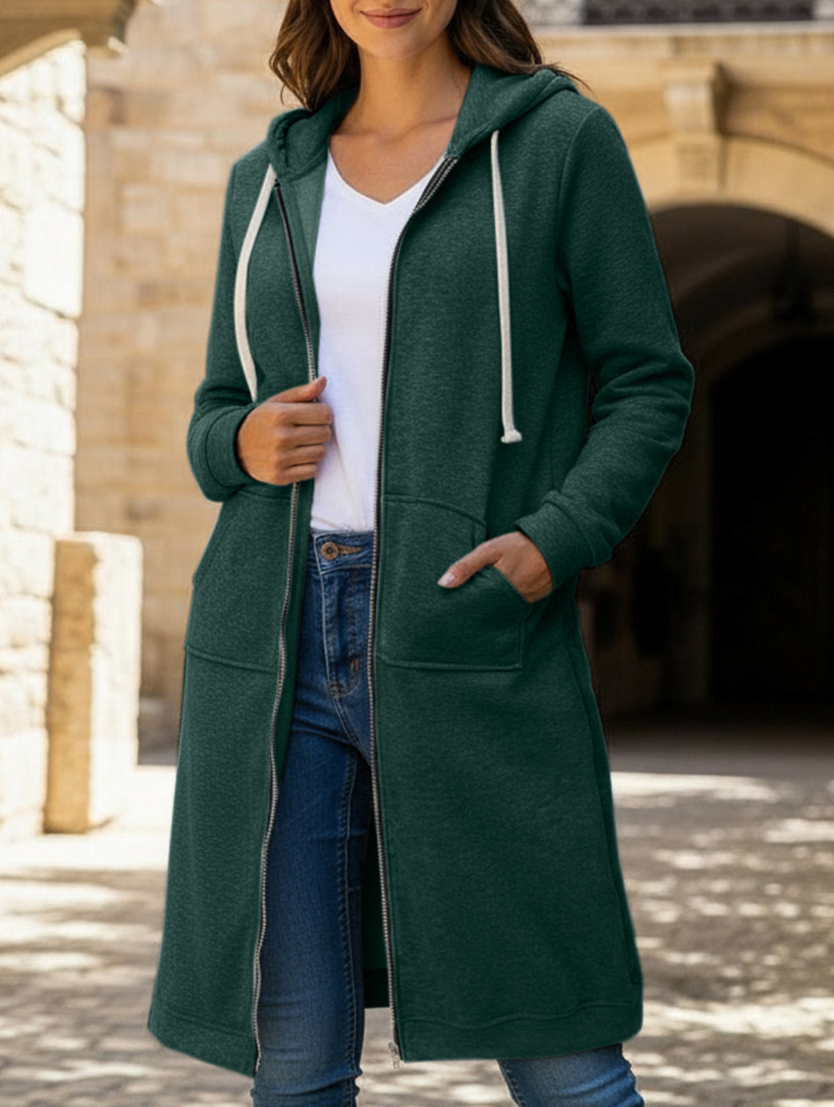 Loose zip-up long cardigan jacket
