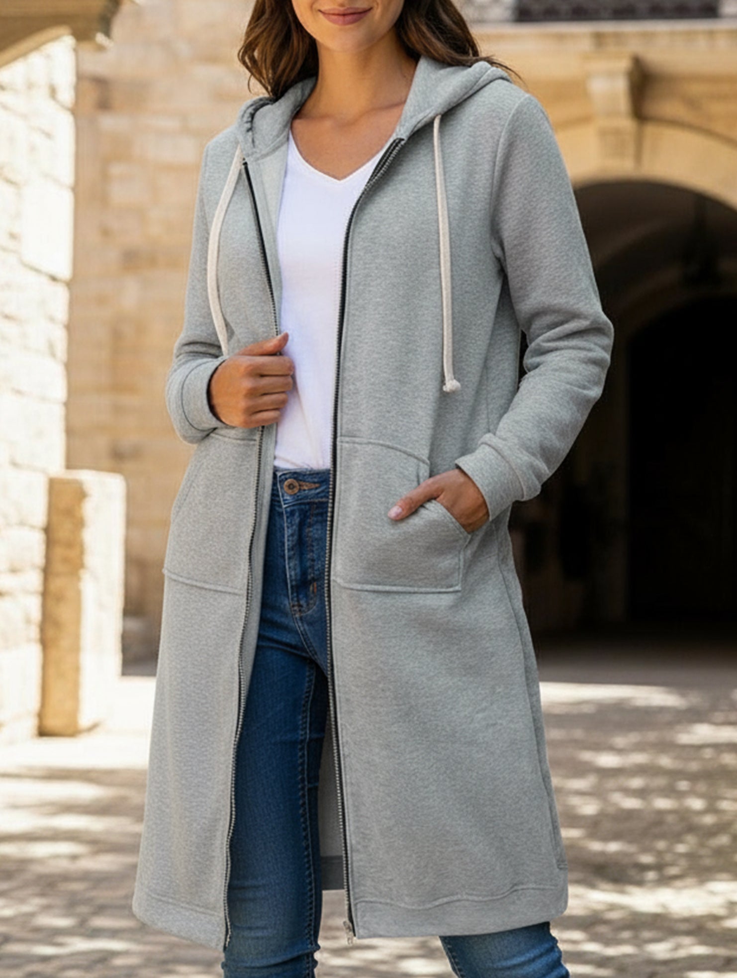 Loose zip-up long cardigan jacket