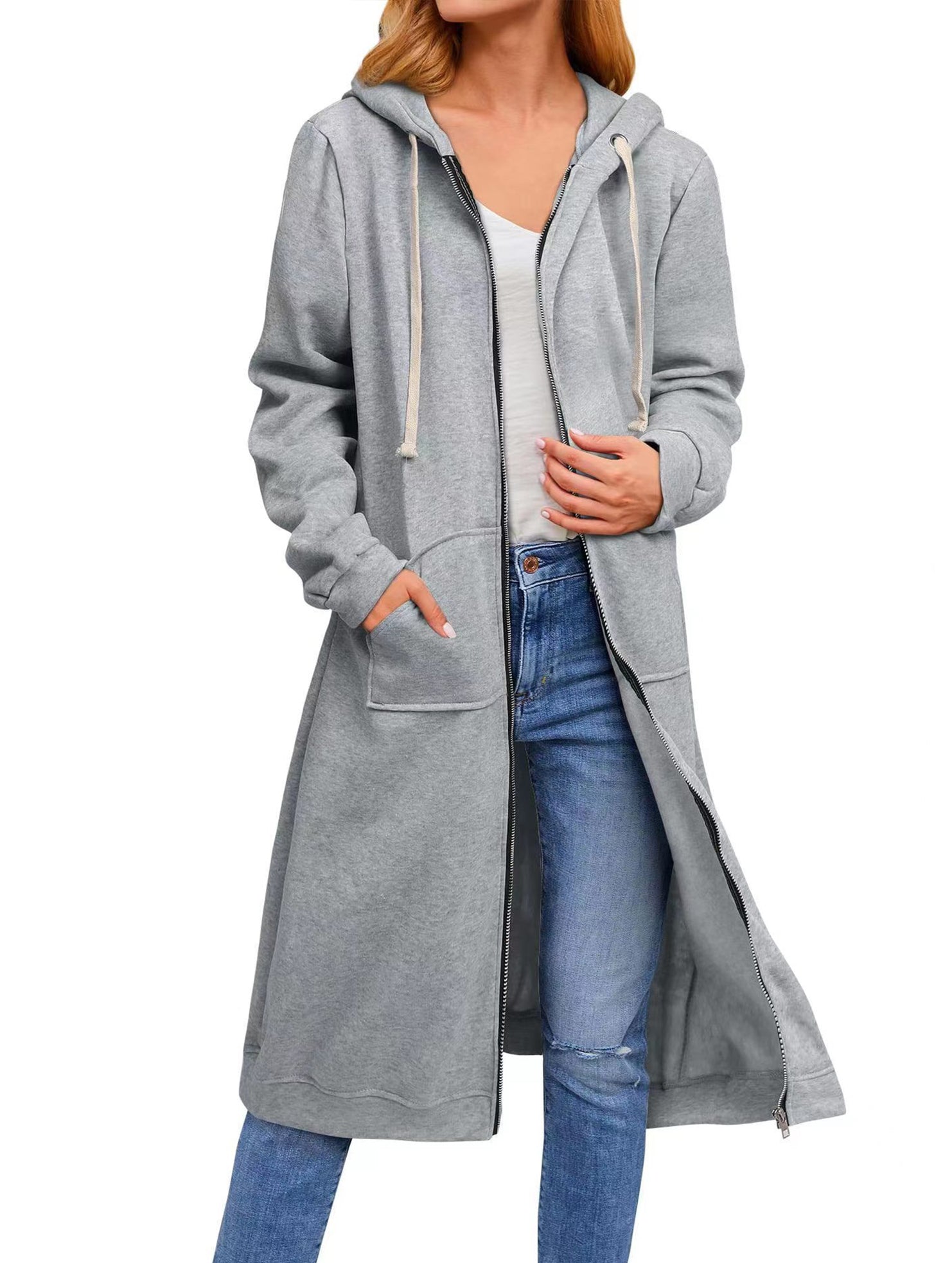 Loose zip-up long cardigan jacket