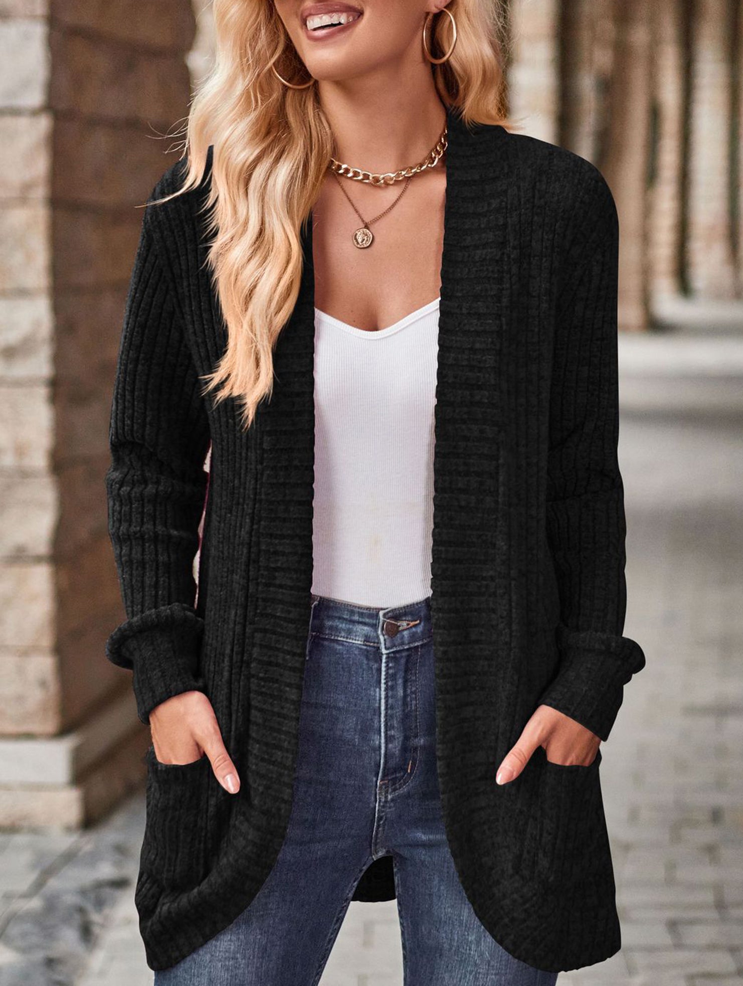 Solid color casual stitching long-sleeved cardigan