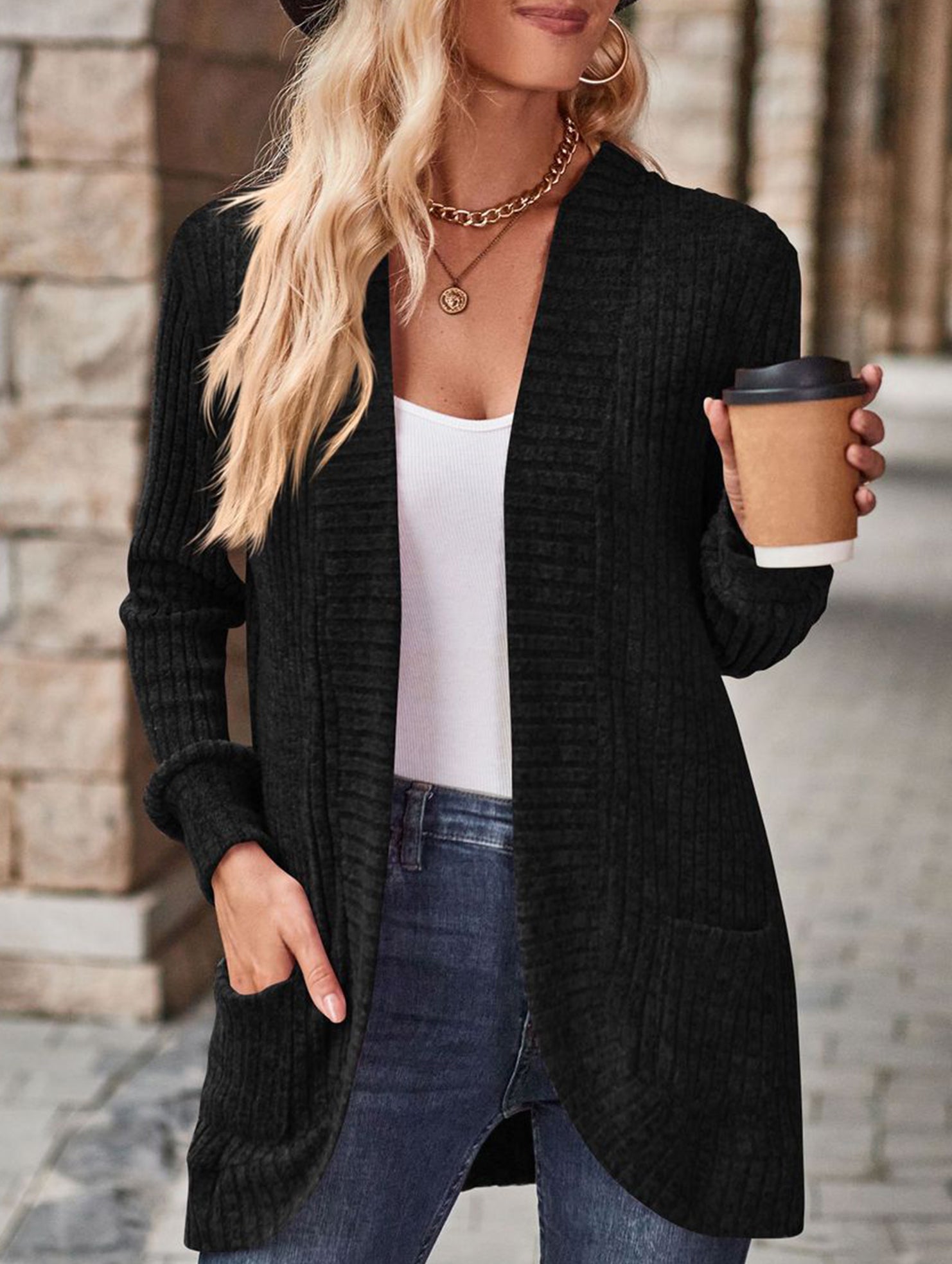 Solid color casual stitching long-sleeved cardigan