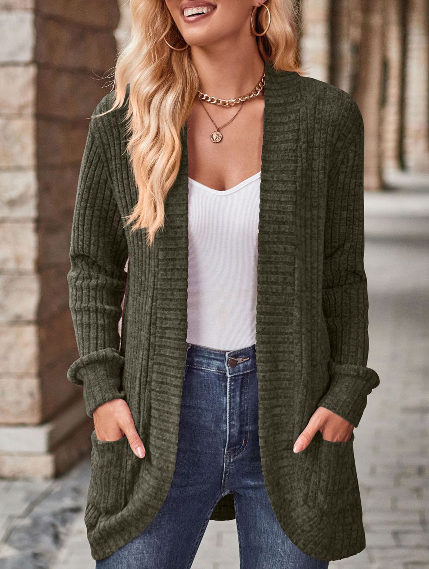 Solid color casual stitching long-sleeved cardigan