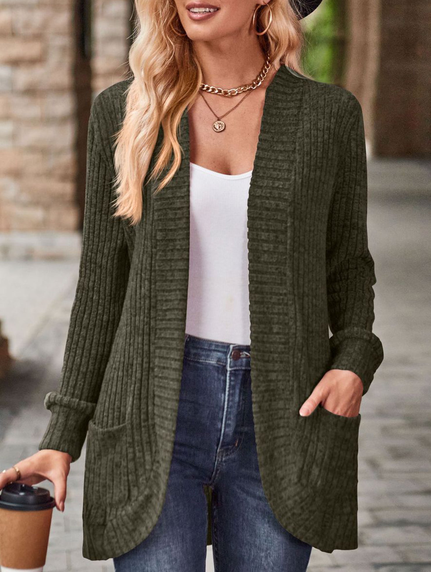 Solid color casual stitching long-sleeved cardigan