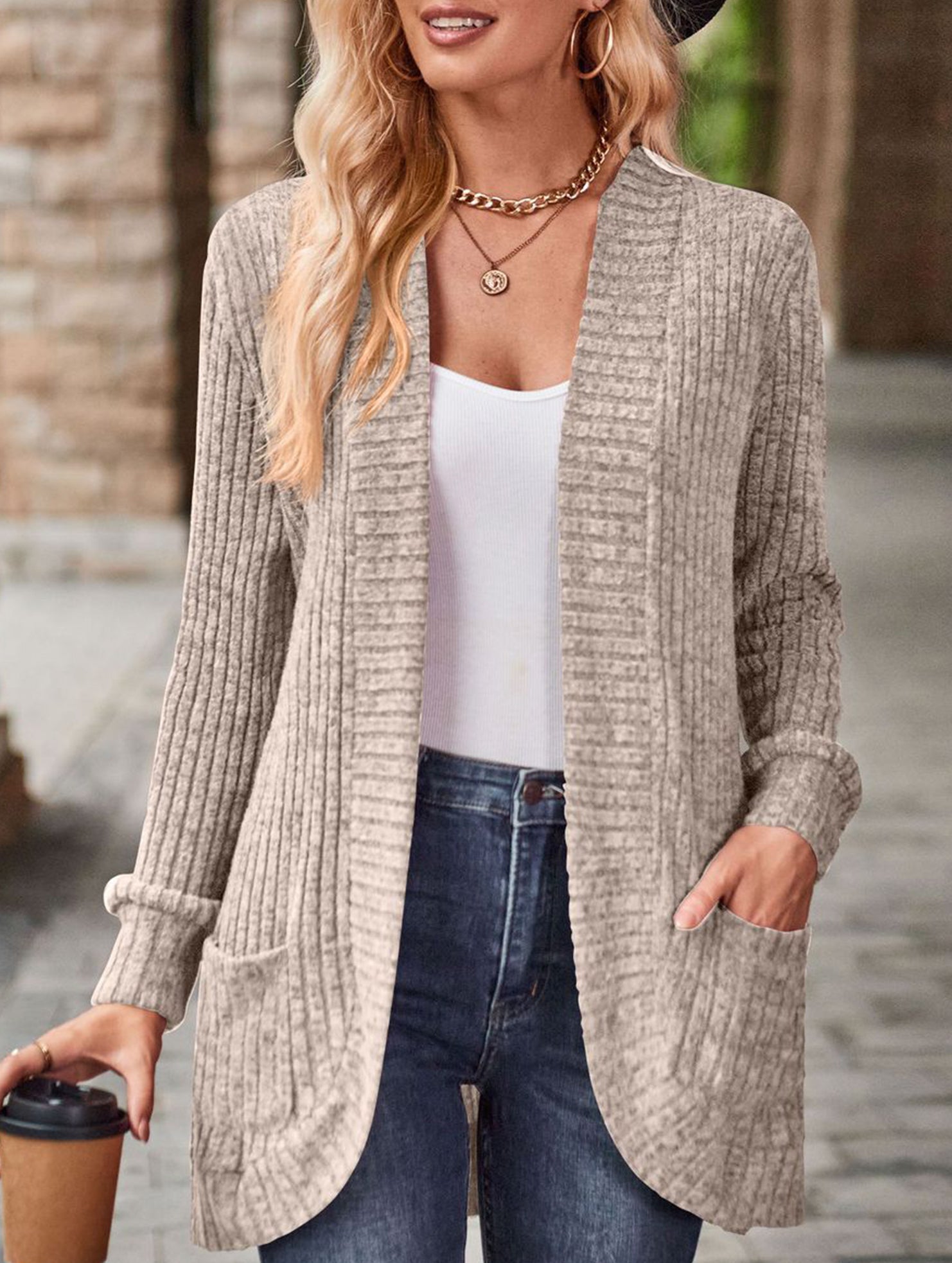 Solid color casual stitching long-sleeved cardigan
