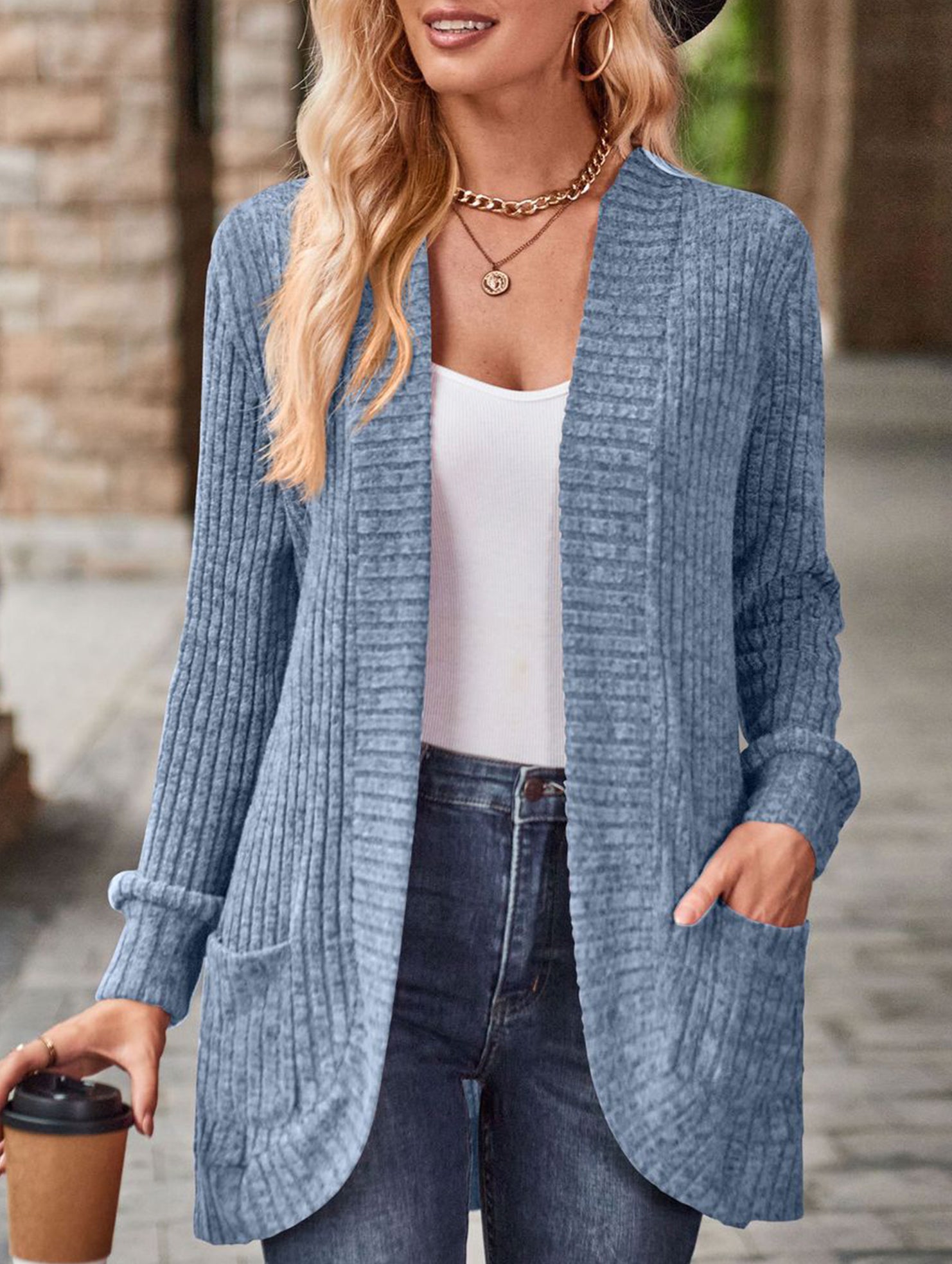 Solid color casual stitching long-sleeved cardigan