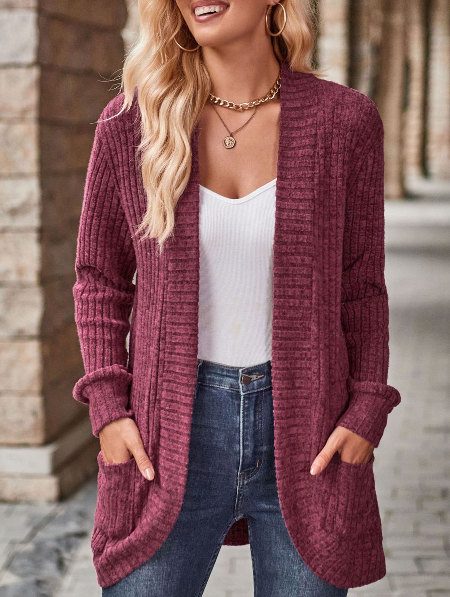 Solid color casual stitching long-sleeved cardigan