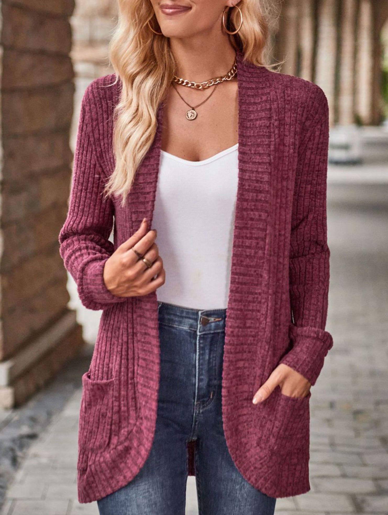 Solid color casual stitching long-sleeved cardigan