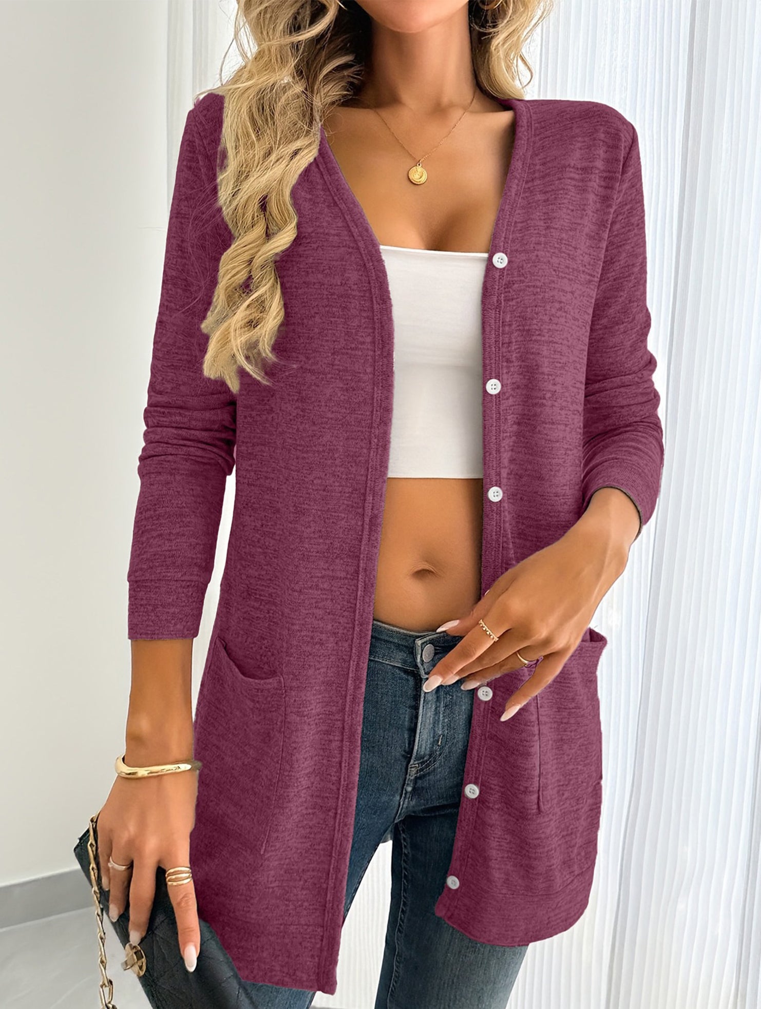 Casual loose long-sleeved pocket cardigan