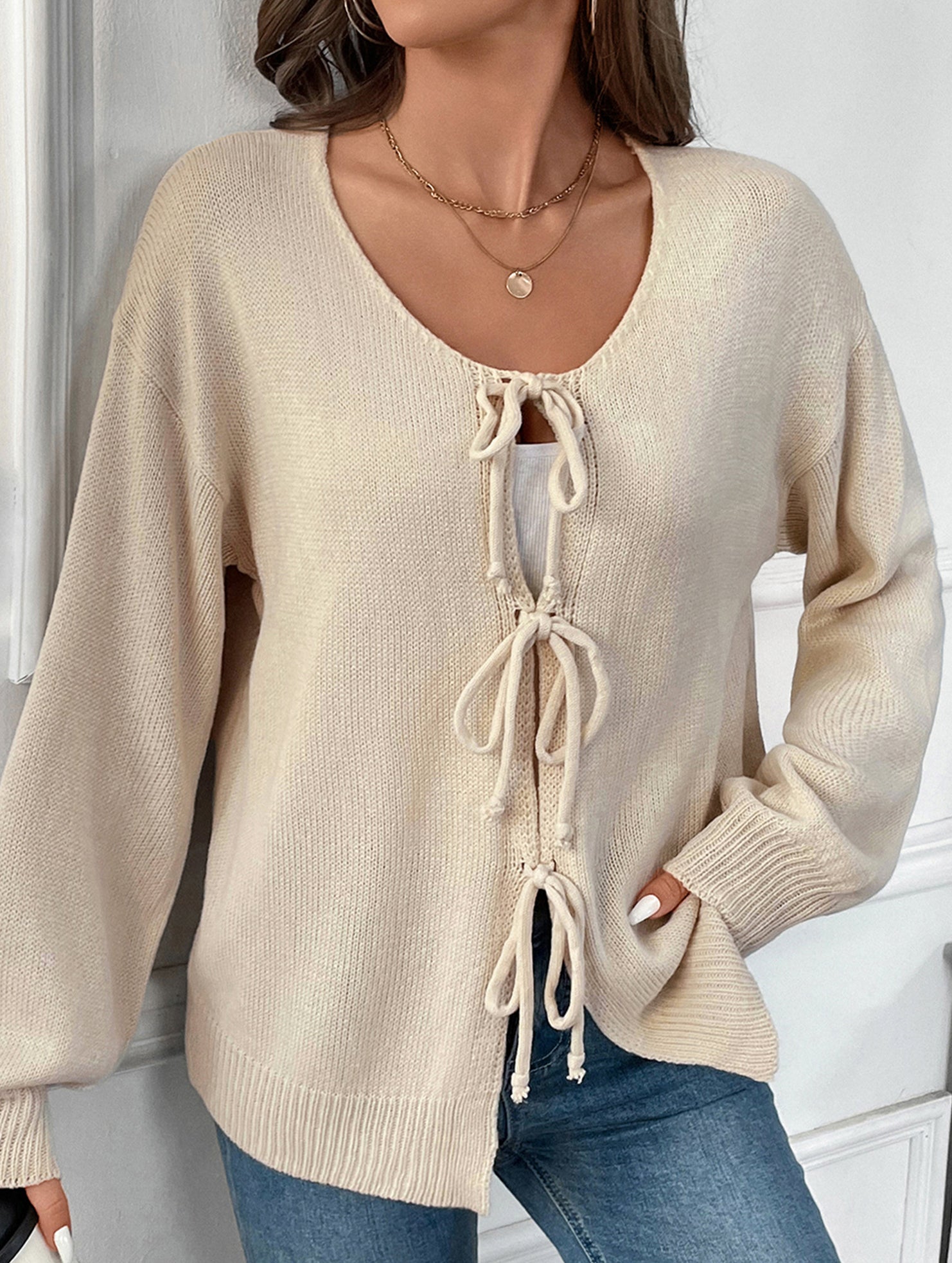 Casual lazy lace-up round neck solid color sweater