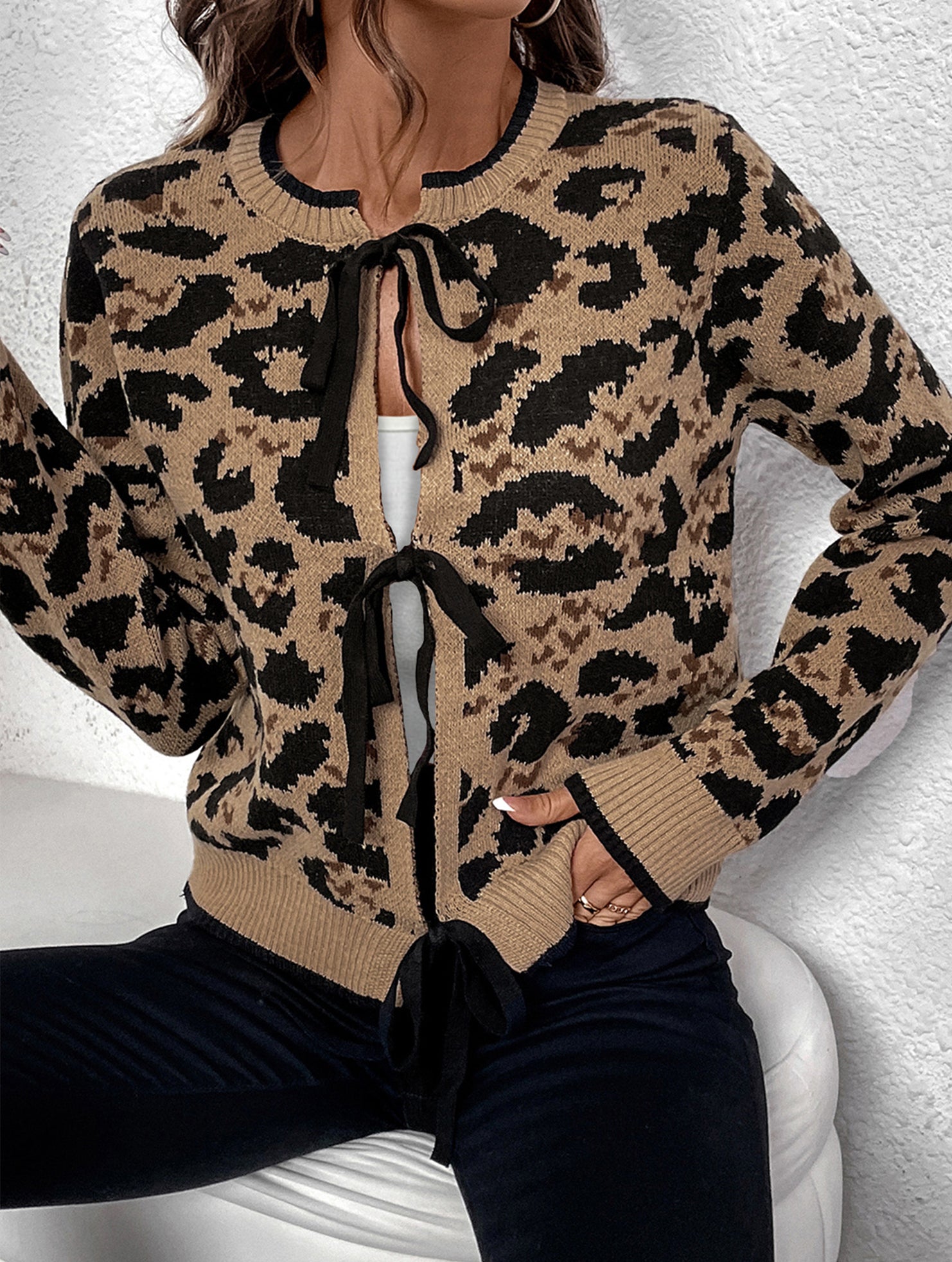 Crew neck tie cardigan leopard print sweater