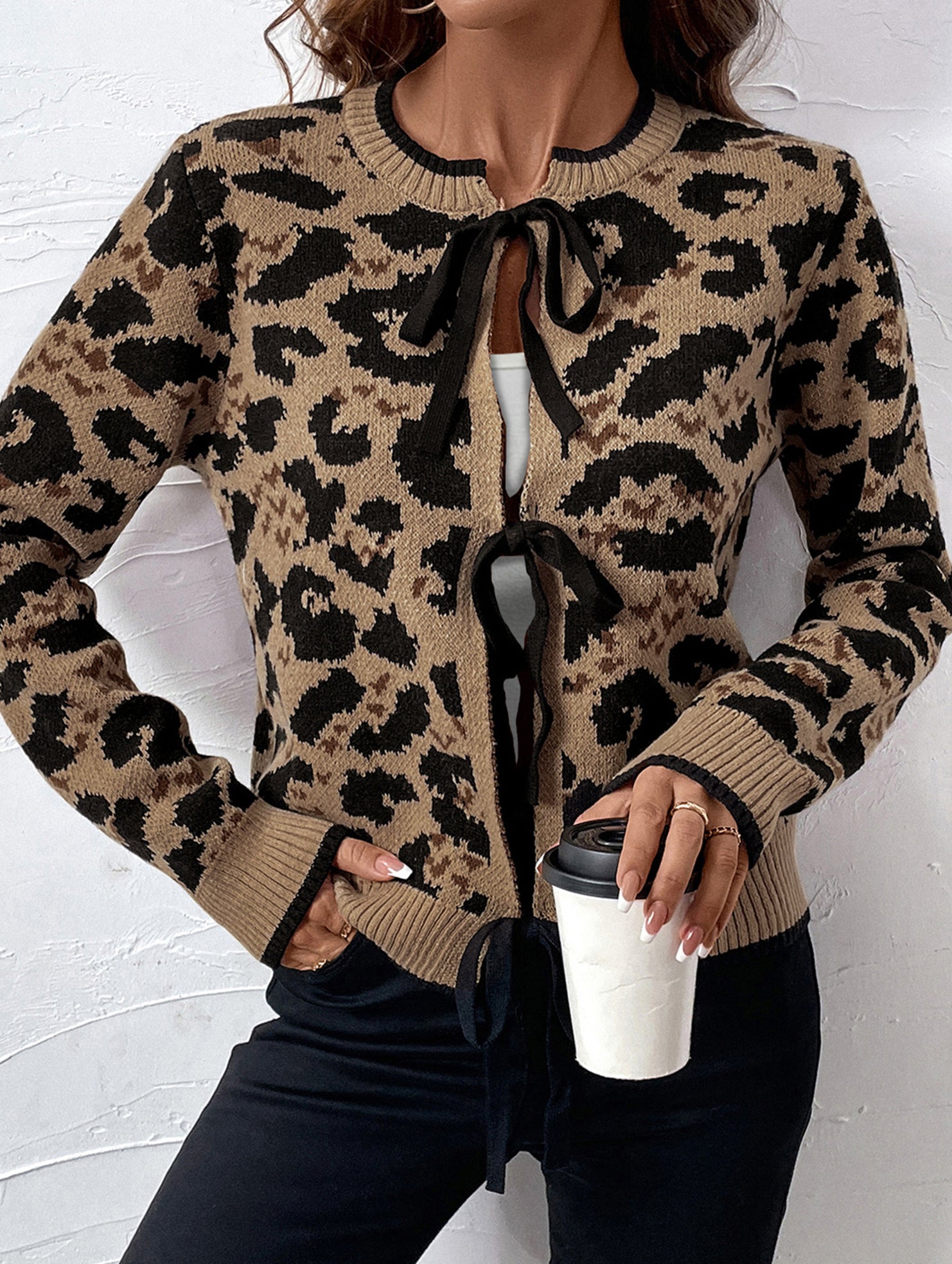 Crew neck tie cardigan leopard print sweater