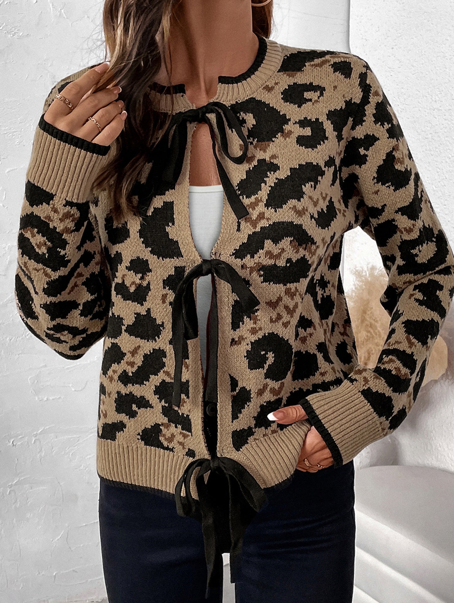 Crew neck tie cardigan leopard print sweater