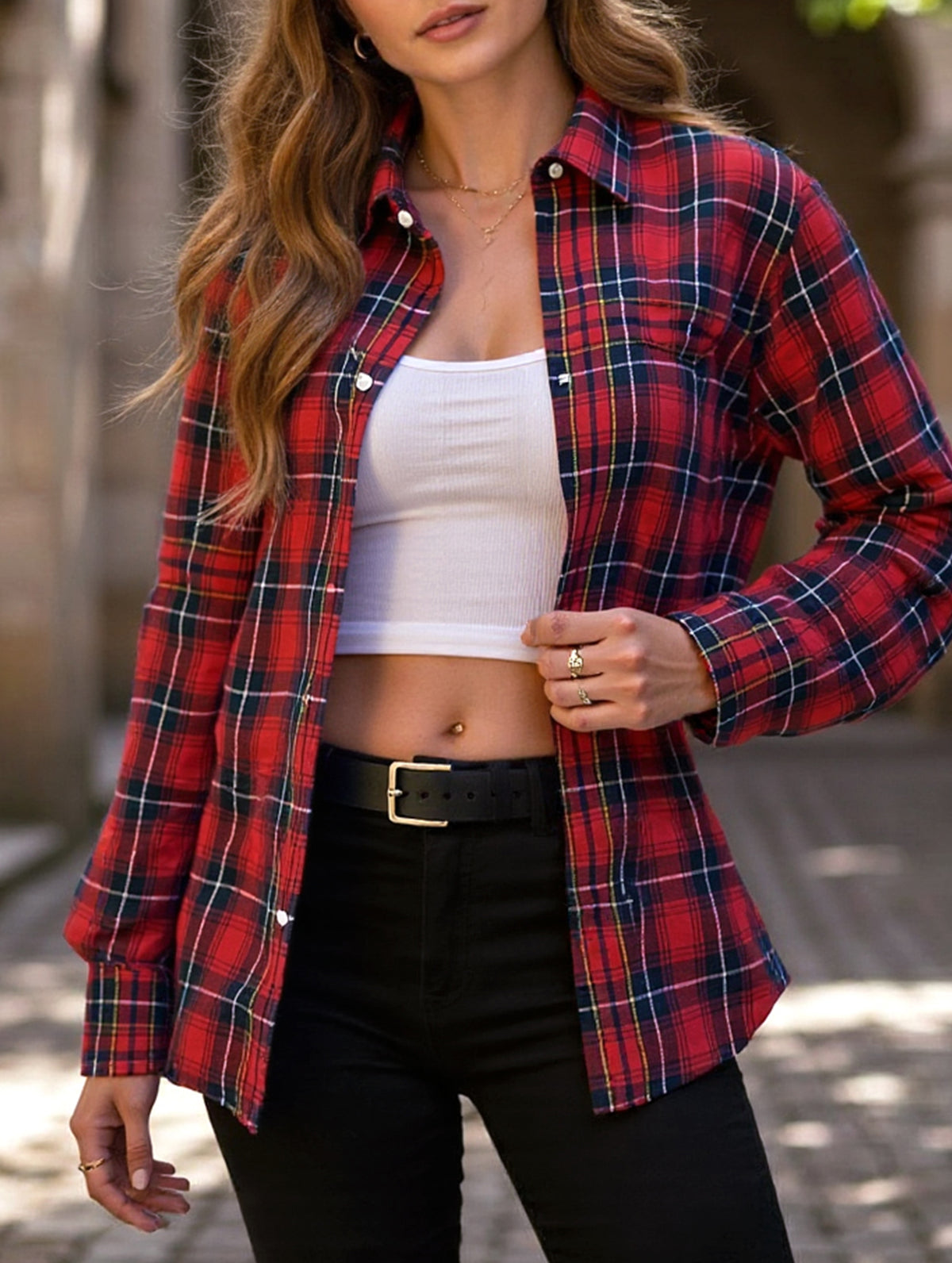 Retro lapel long-sleeved plaid shirt