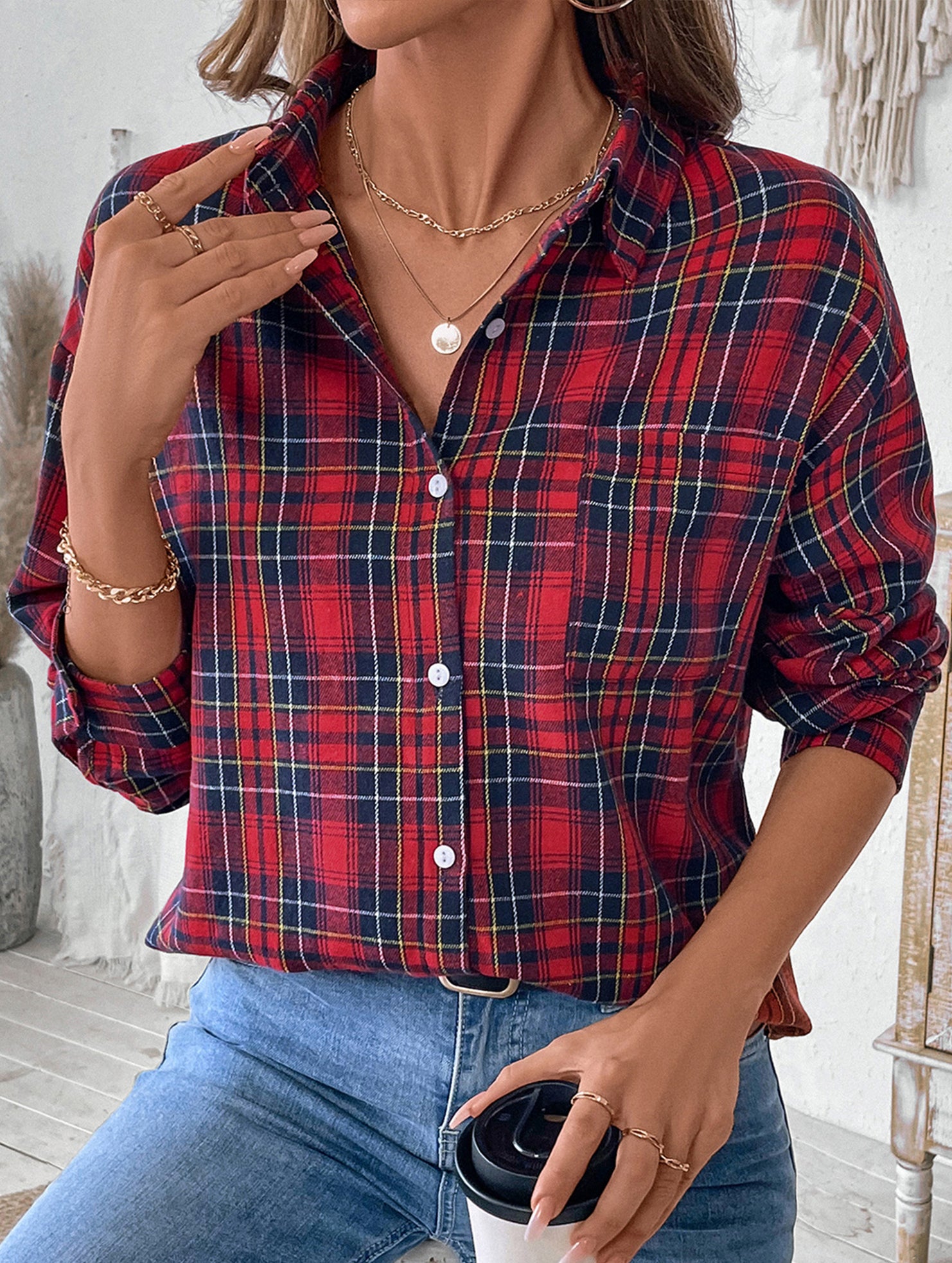 Retro lapel long-sleeved plaid shirt