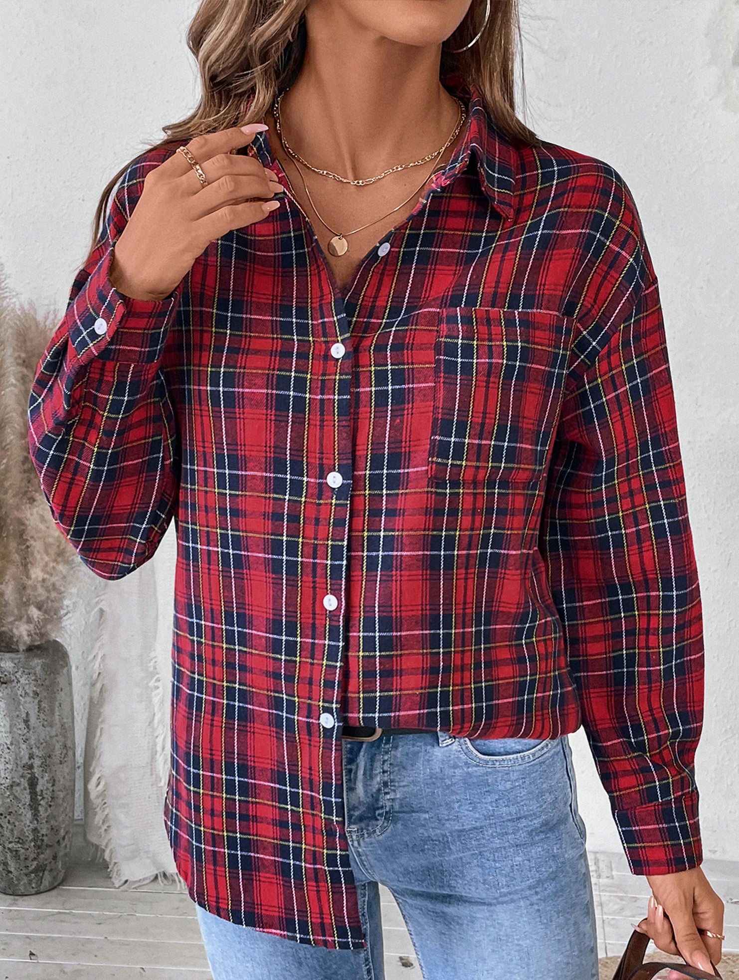 Retro lapel long-sleeved plaid shirt