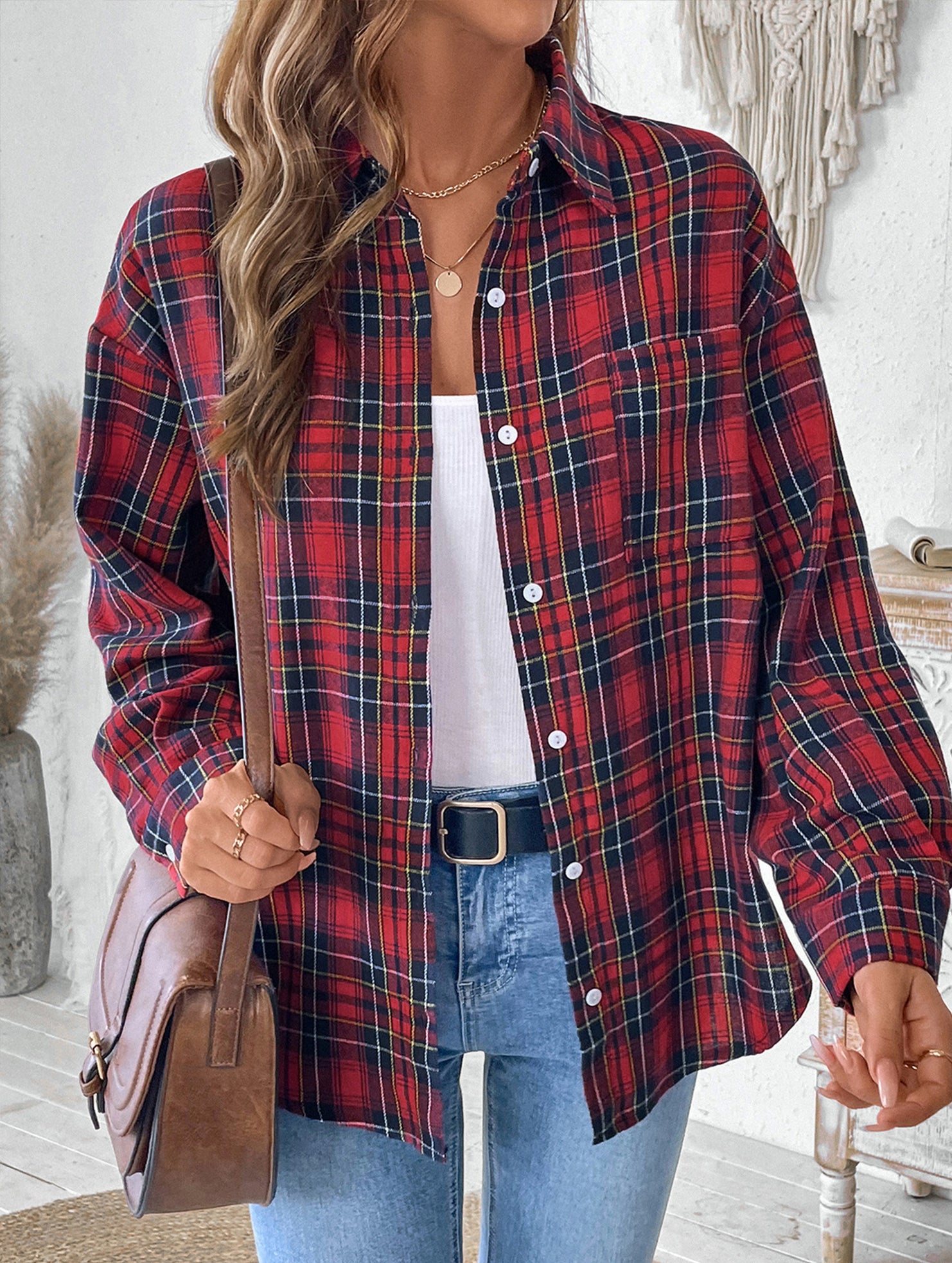 Retro lapel long-sleeved plaid shirt