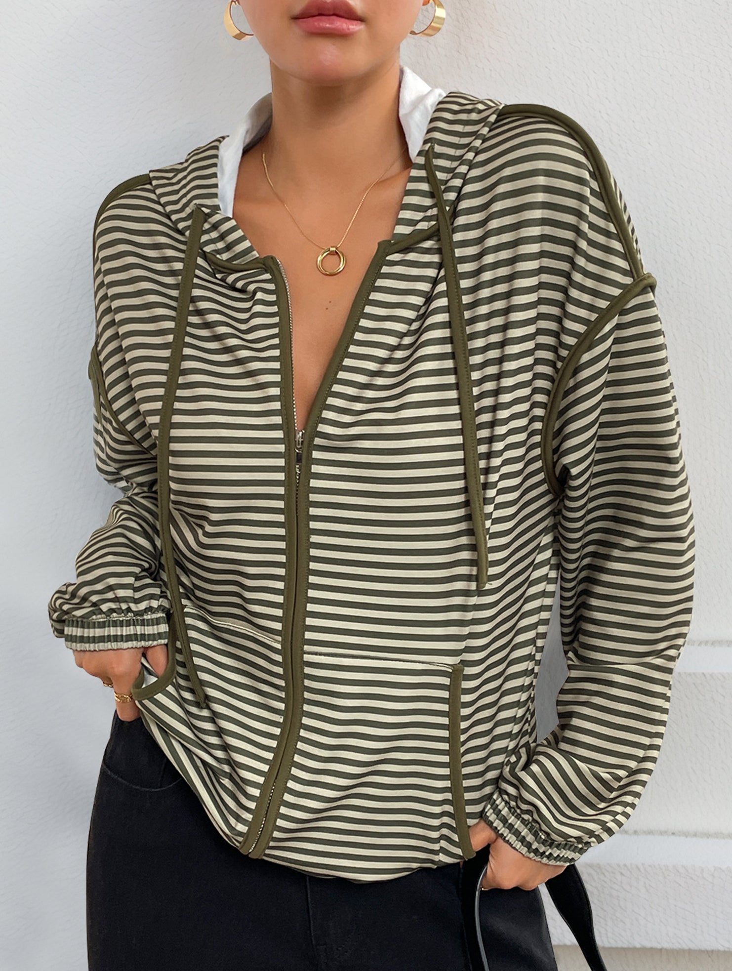Hooded striped women's casual jacket