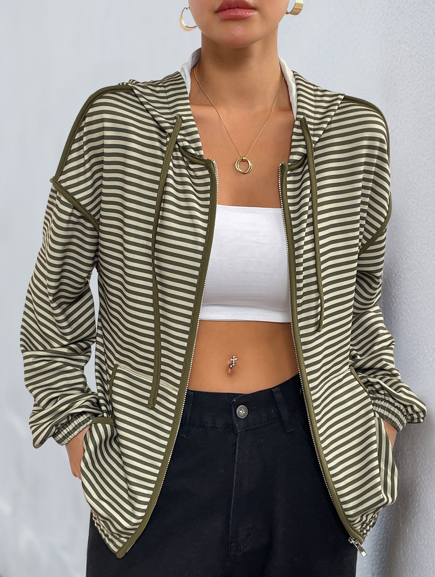 Hooded striped women's casual jacket