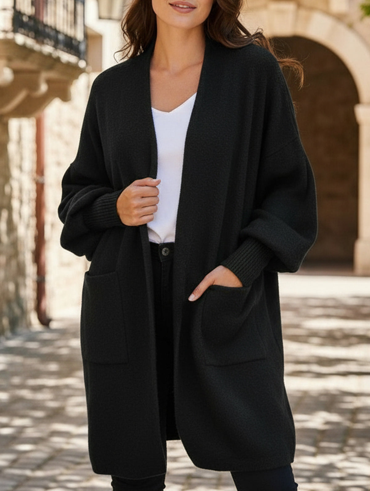 Puff Sleeve Solid Color Buttonless Cardigan