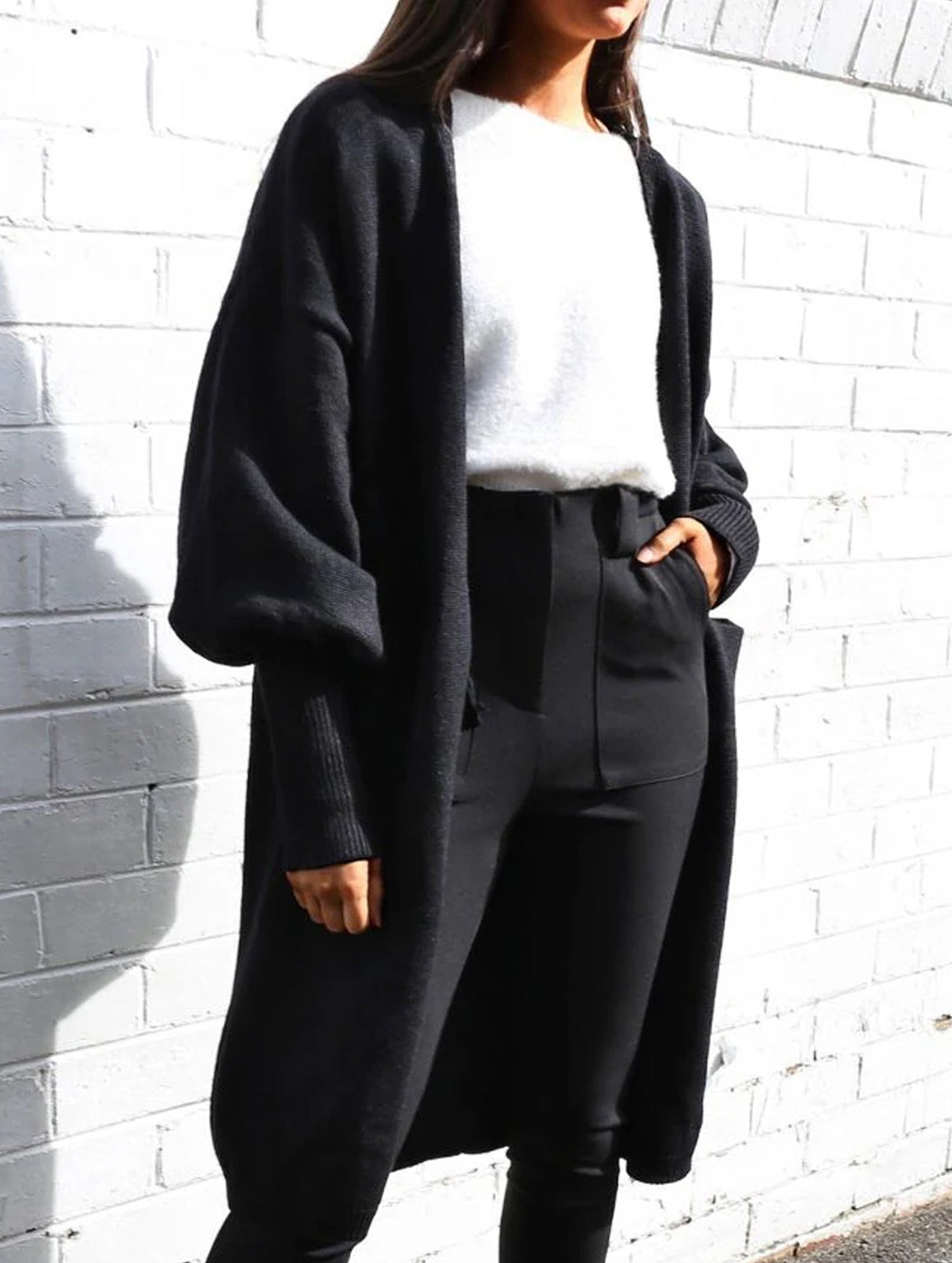 Puff Sleeve Solid Color Buttonless Cardigan