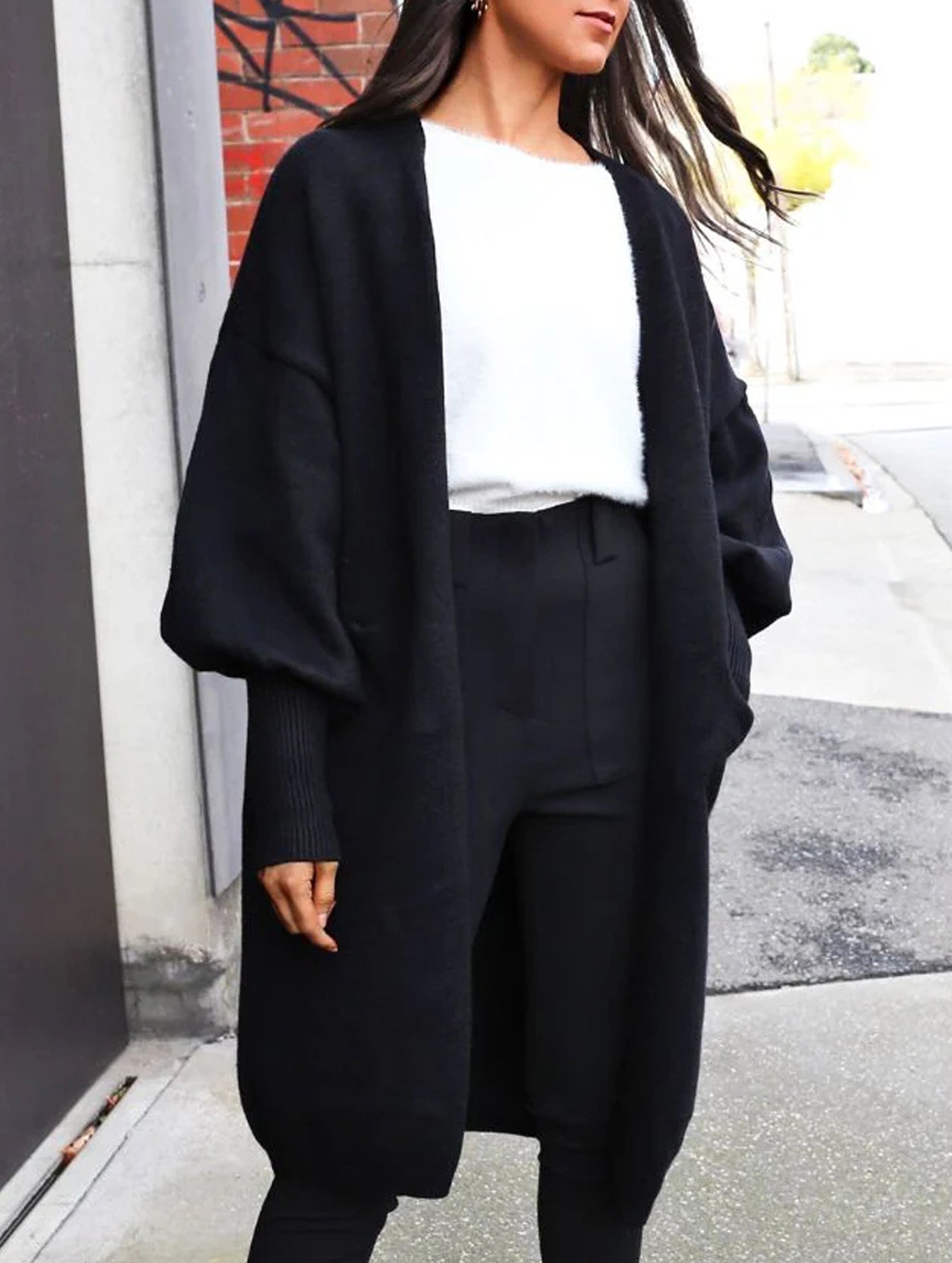 Puff Sleeve Solid Color Buttonless Cardigan