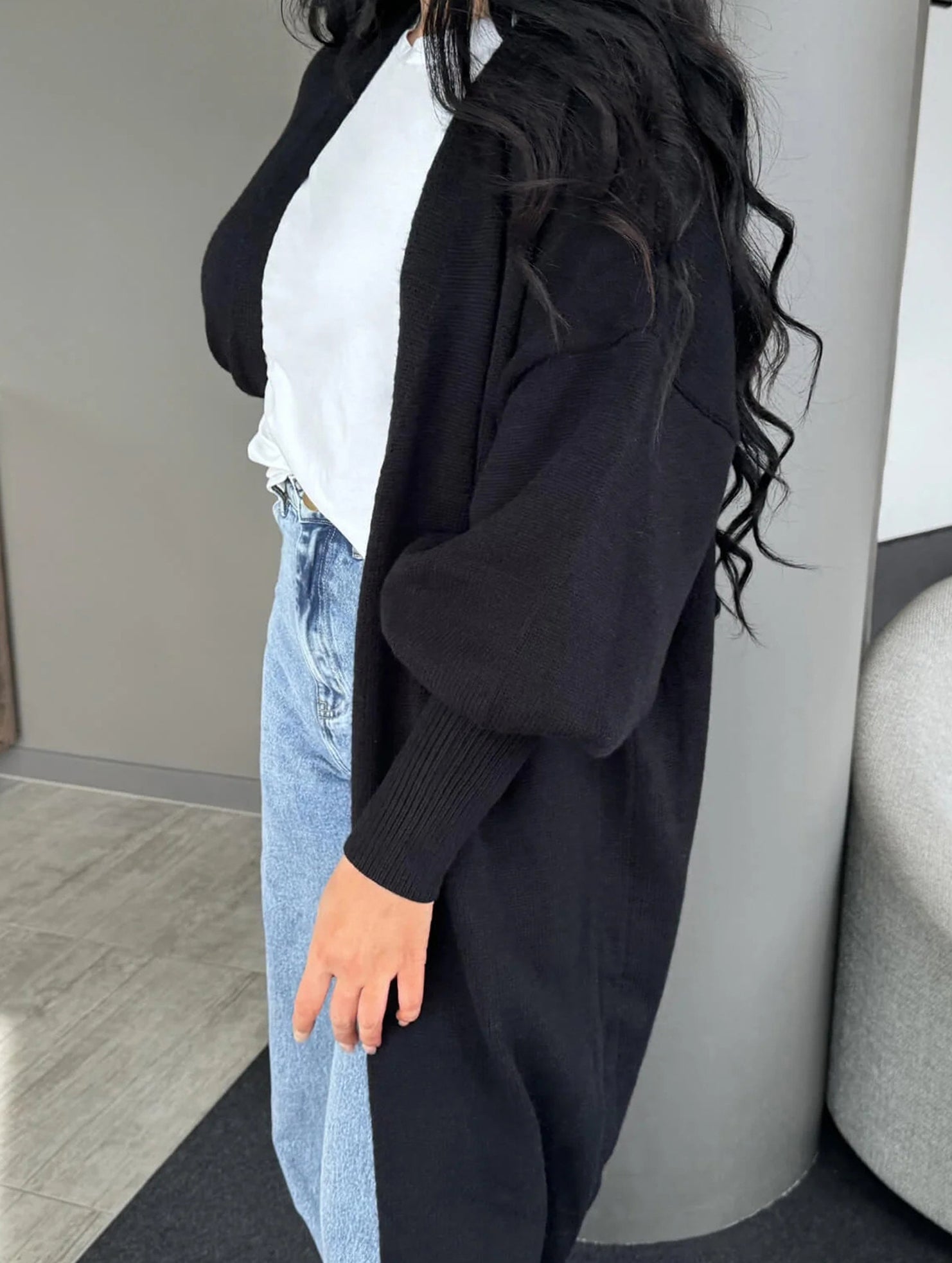 Puff Sleeve Solid Color Buttonless Cardigan