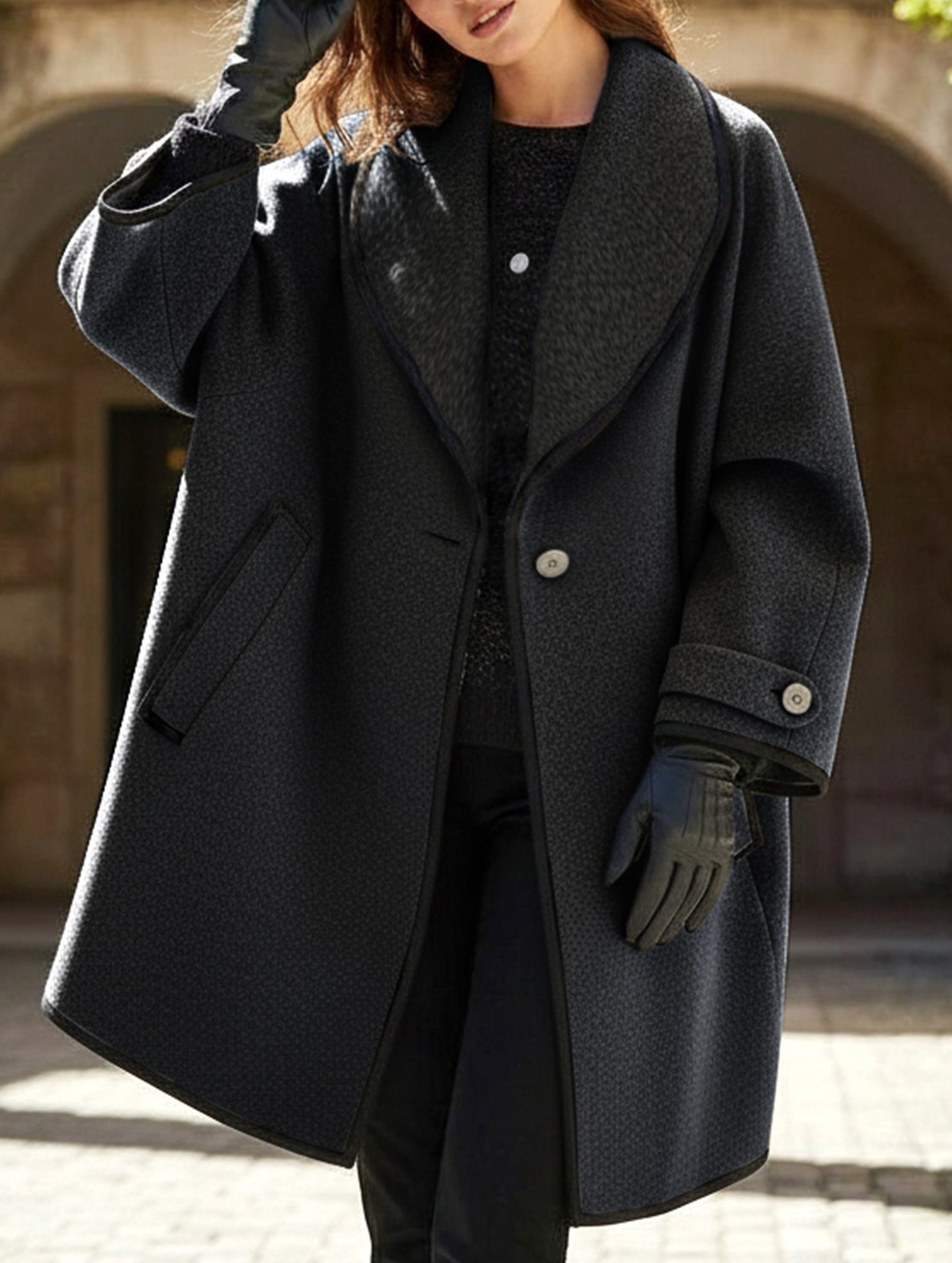 round neck loose hooded woolen coat