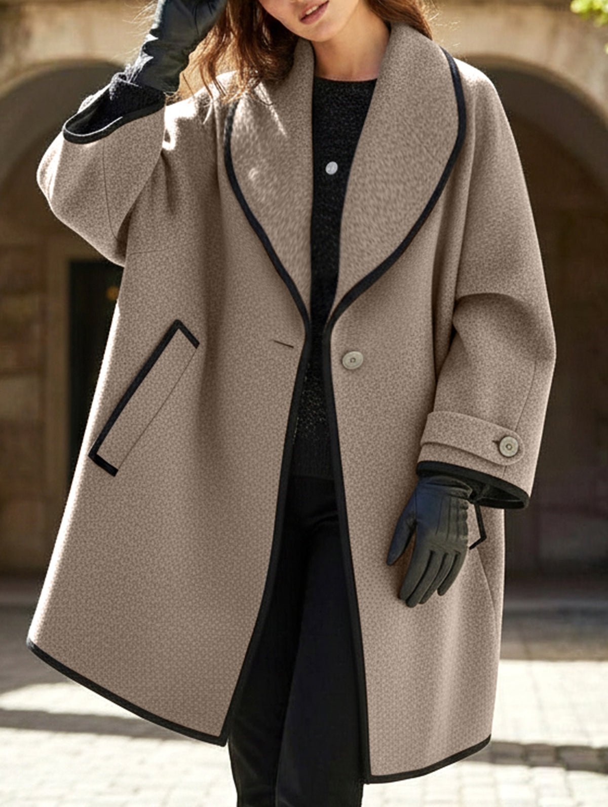 round neck loose hooded woolen coat