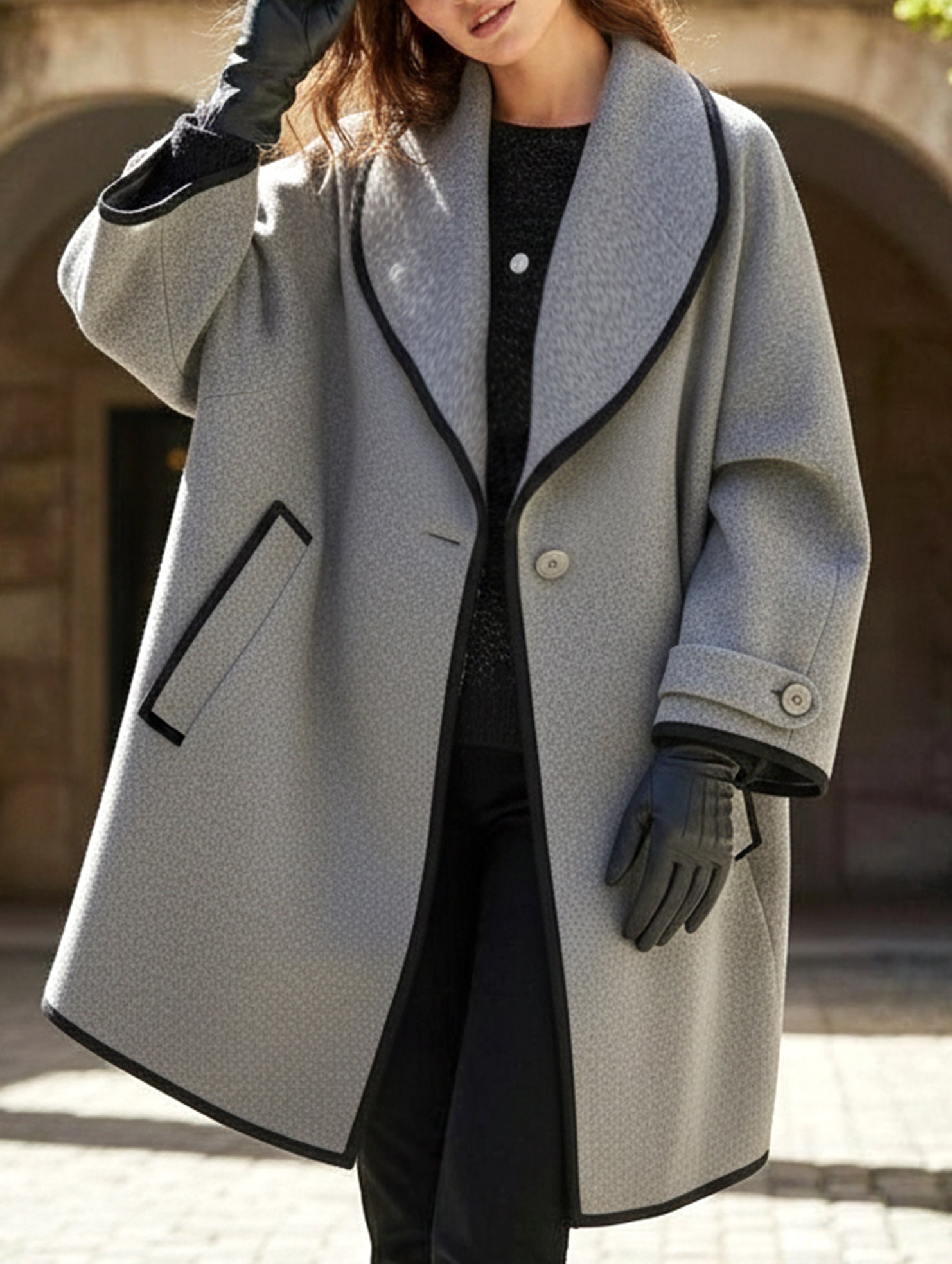 round neck loose hooded woolen coat