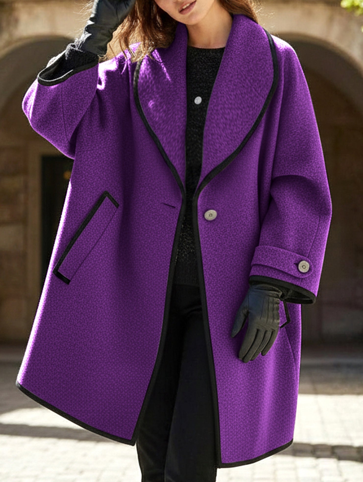 round neck loose hooded woolen coat