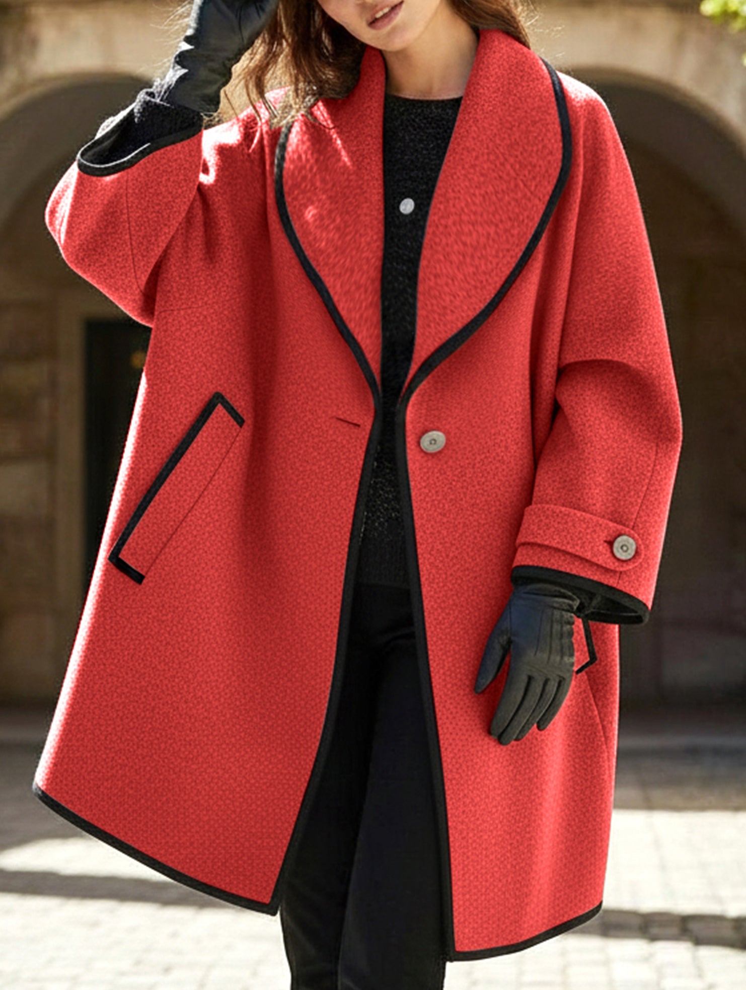 round neck loose hooded woolen coat