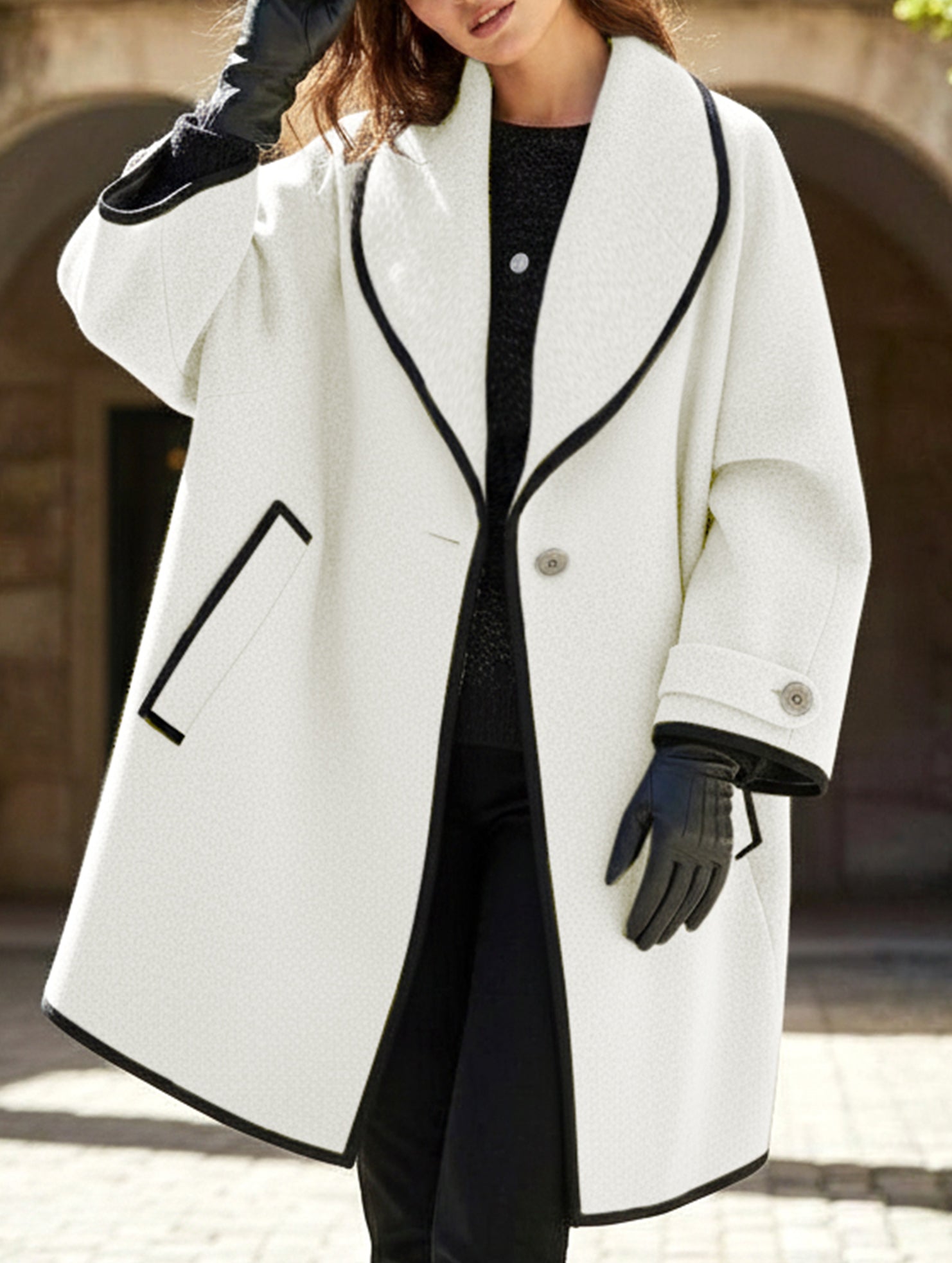 round neck loose hooded woolen coat