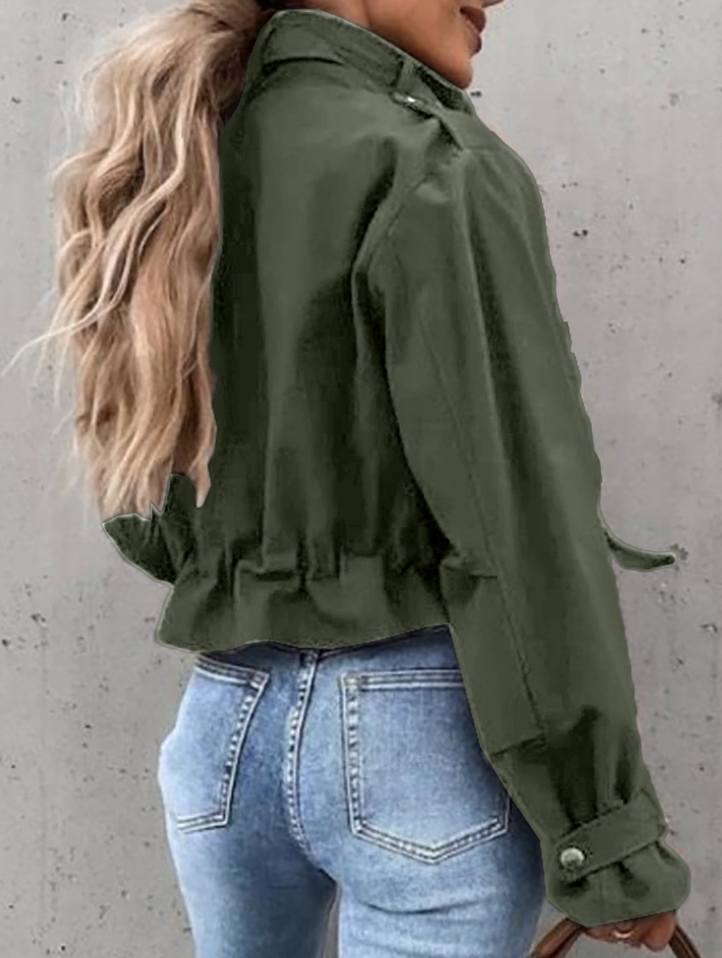 High collar single-breasted zip-up cropped jacket