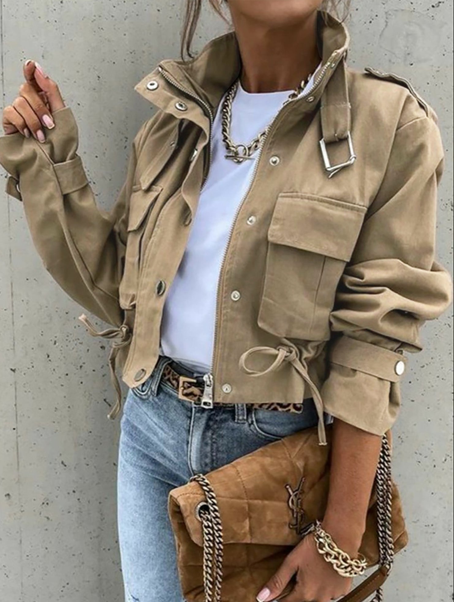 High collar single-breasted zip-up cropped jacket