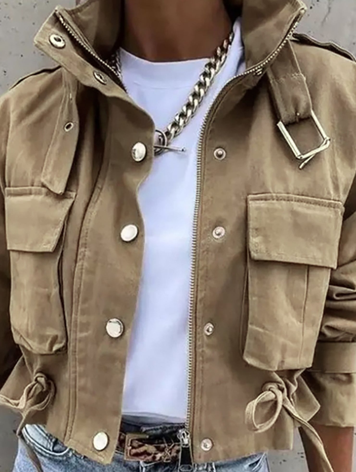 High collar single-breasted zip-up cropped jacket