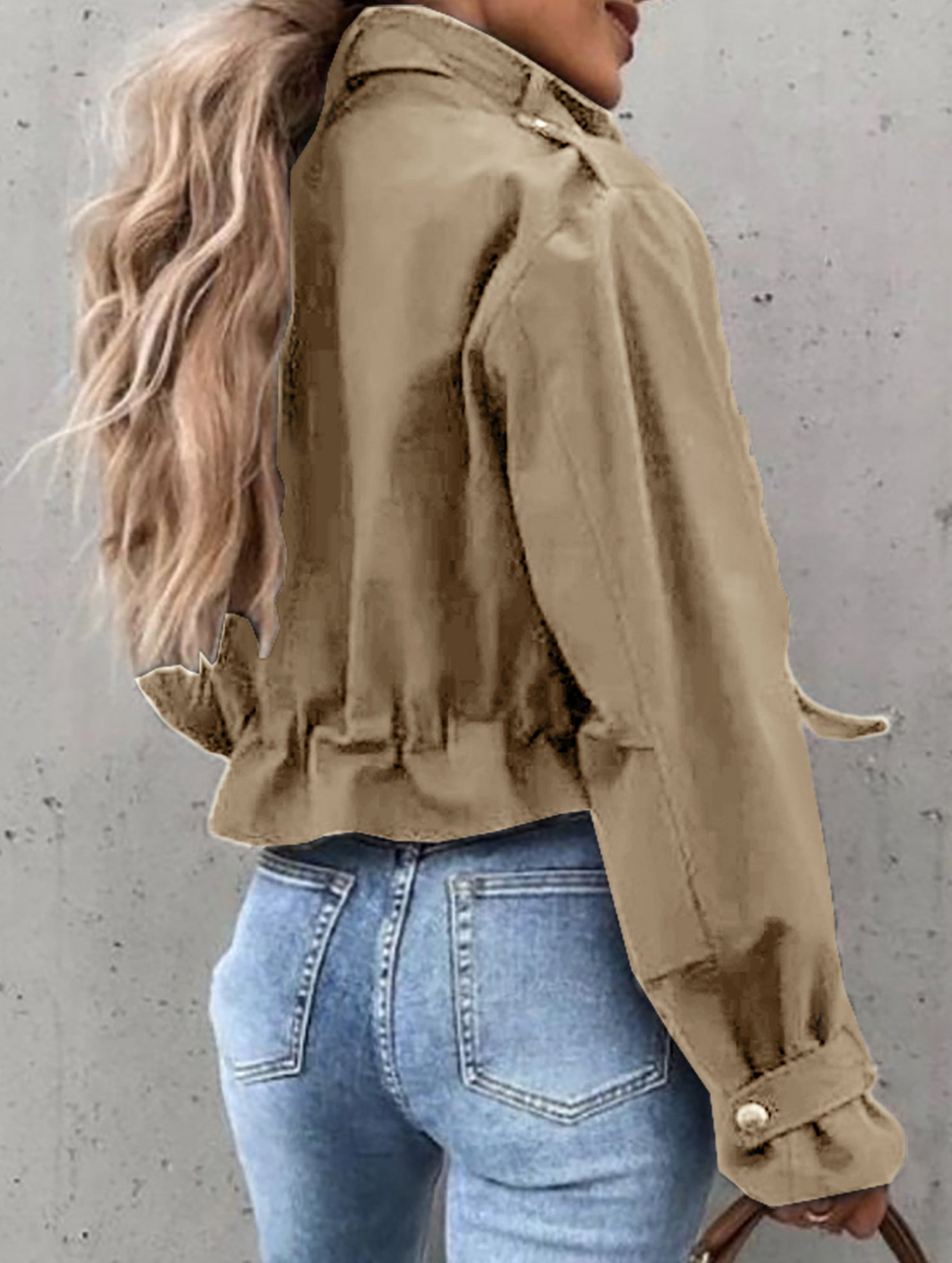 High collar single-breasted zip-up cropped jacket