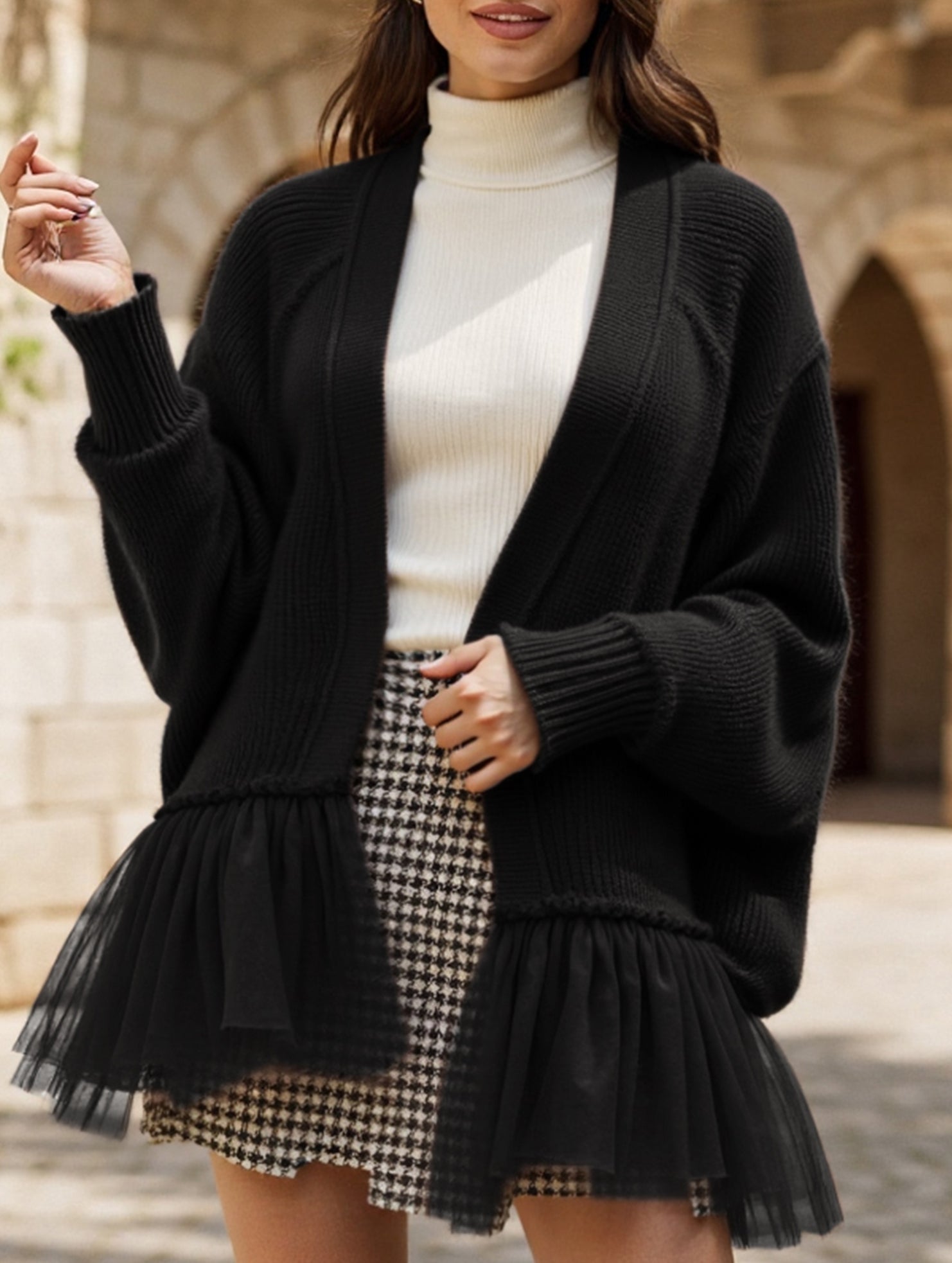 Ruffled mesh knit sweater