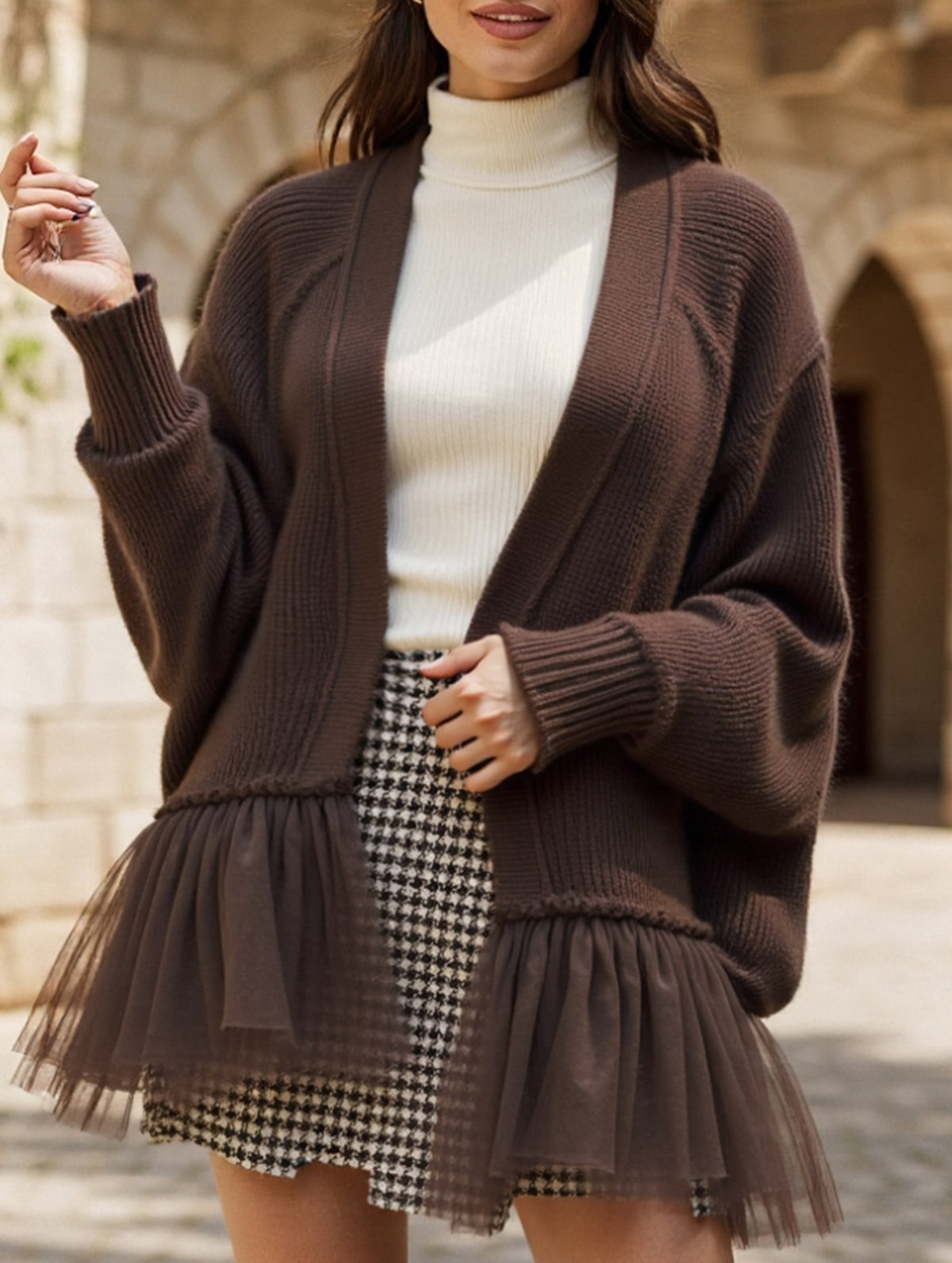 Ruffled mesh knit sweater