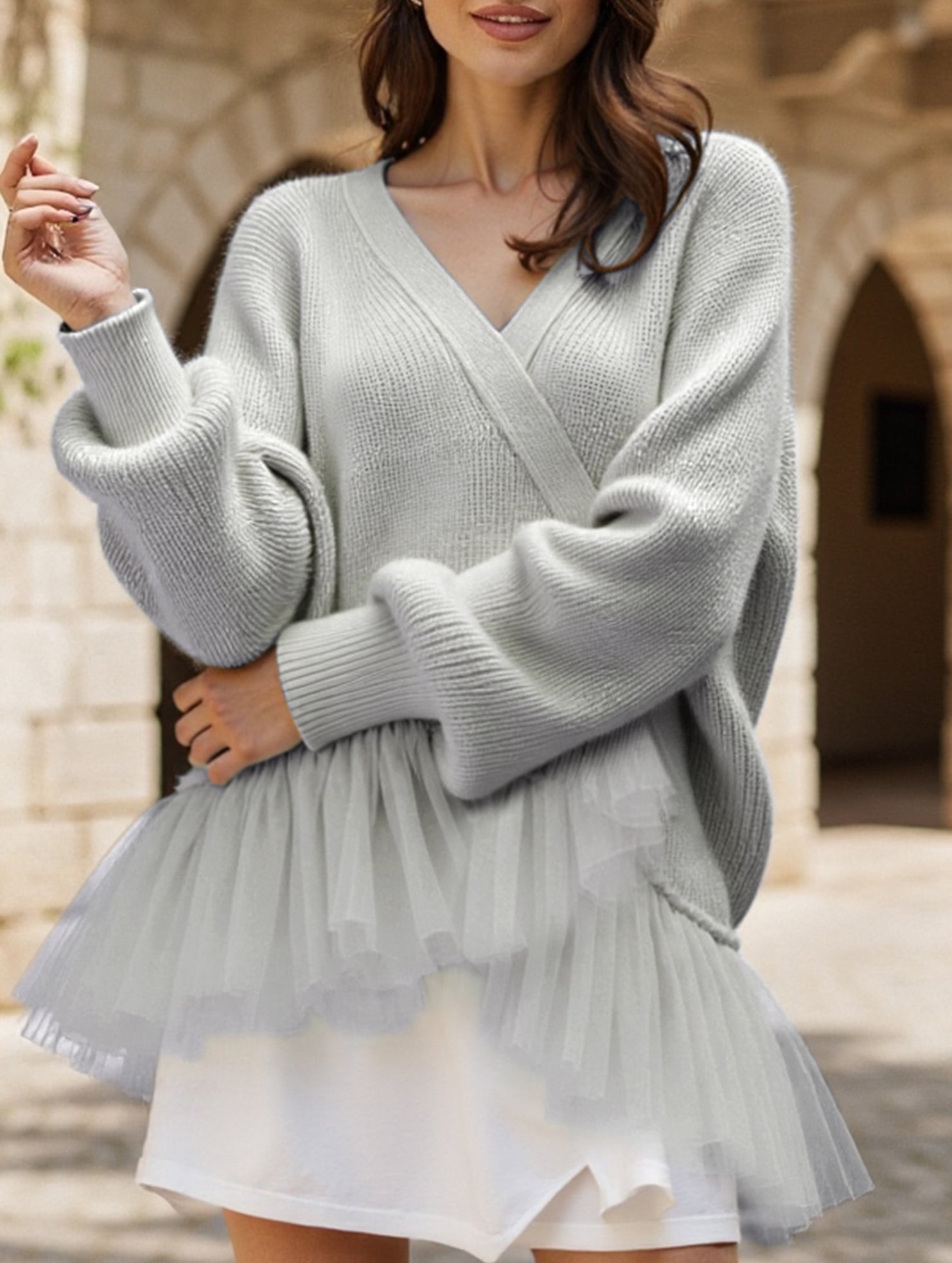 Ruffled mesh knit sweater