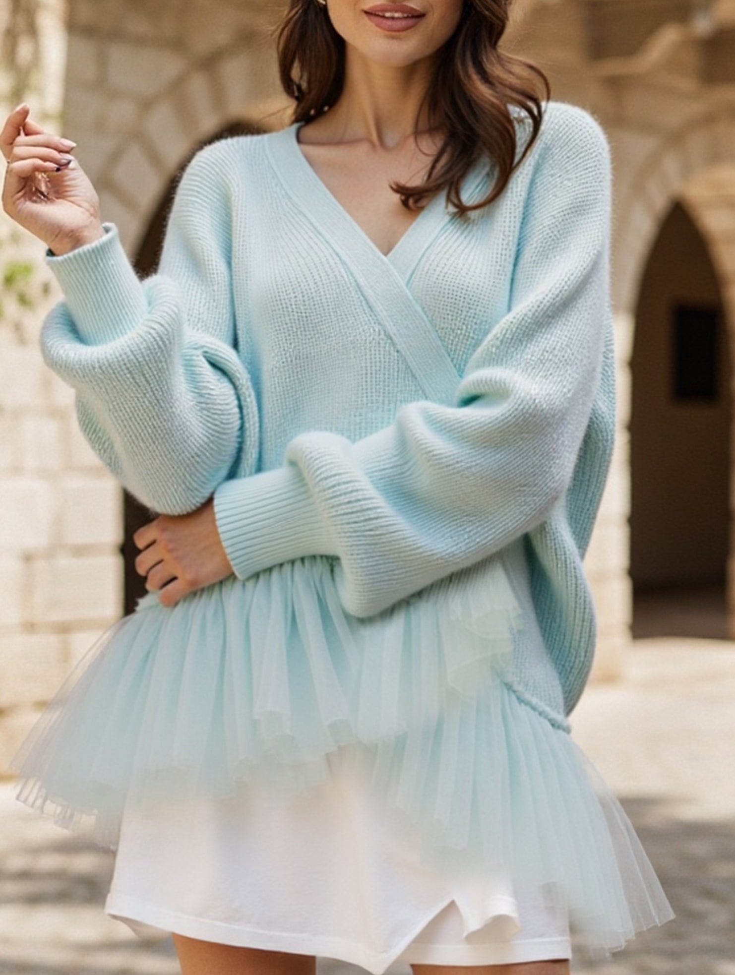 Ruffled mesh knit sweater