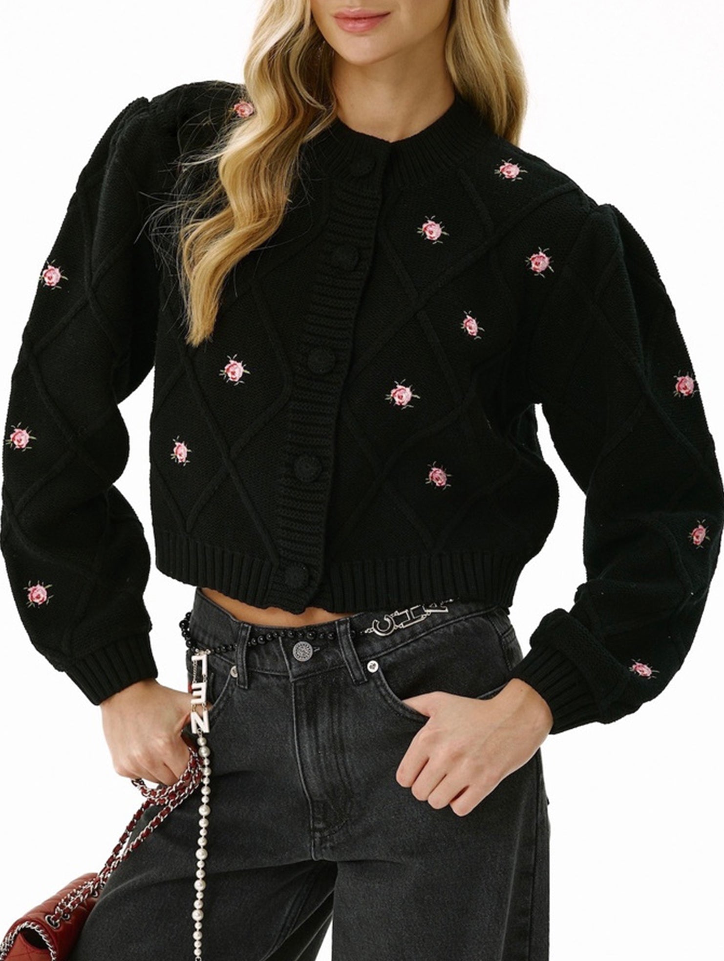 Loose floral embroidered crew neck cardigan