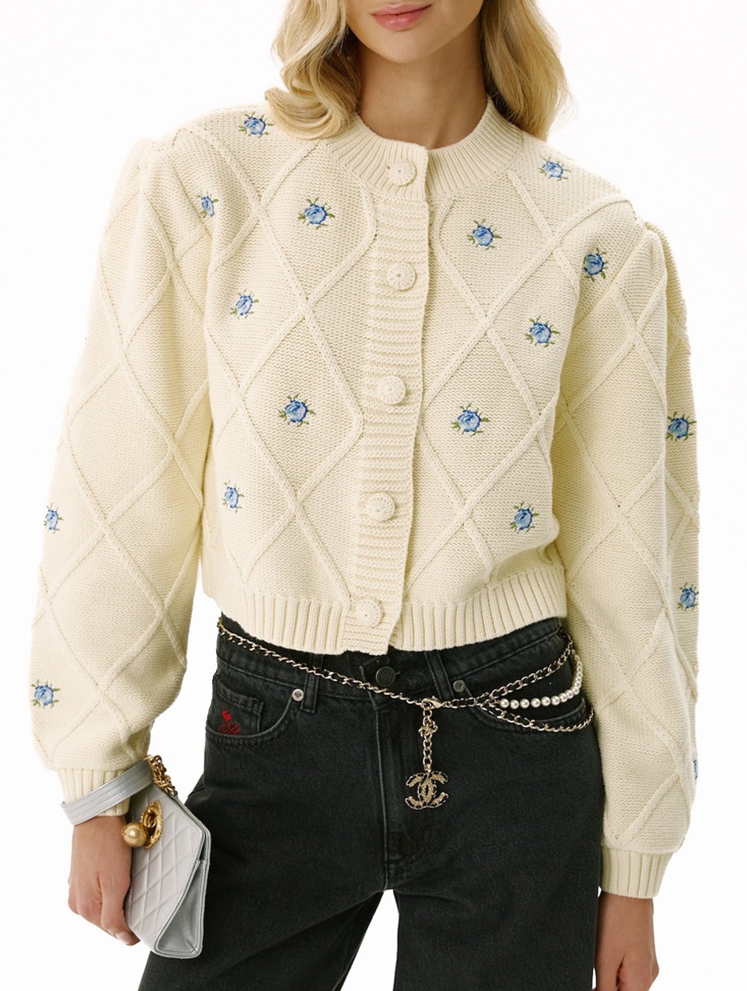 Loose floral embroidered crew neck cardigan