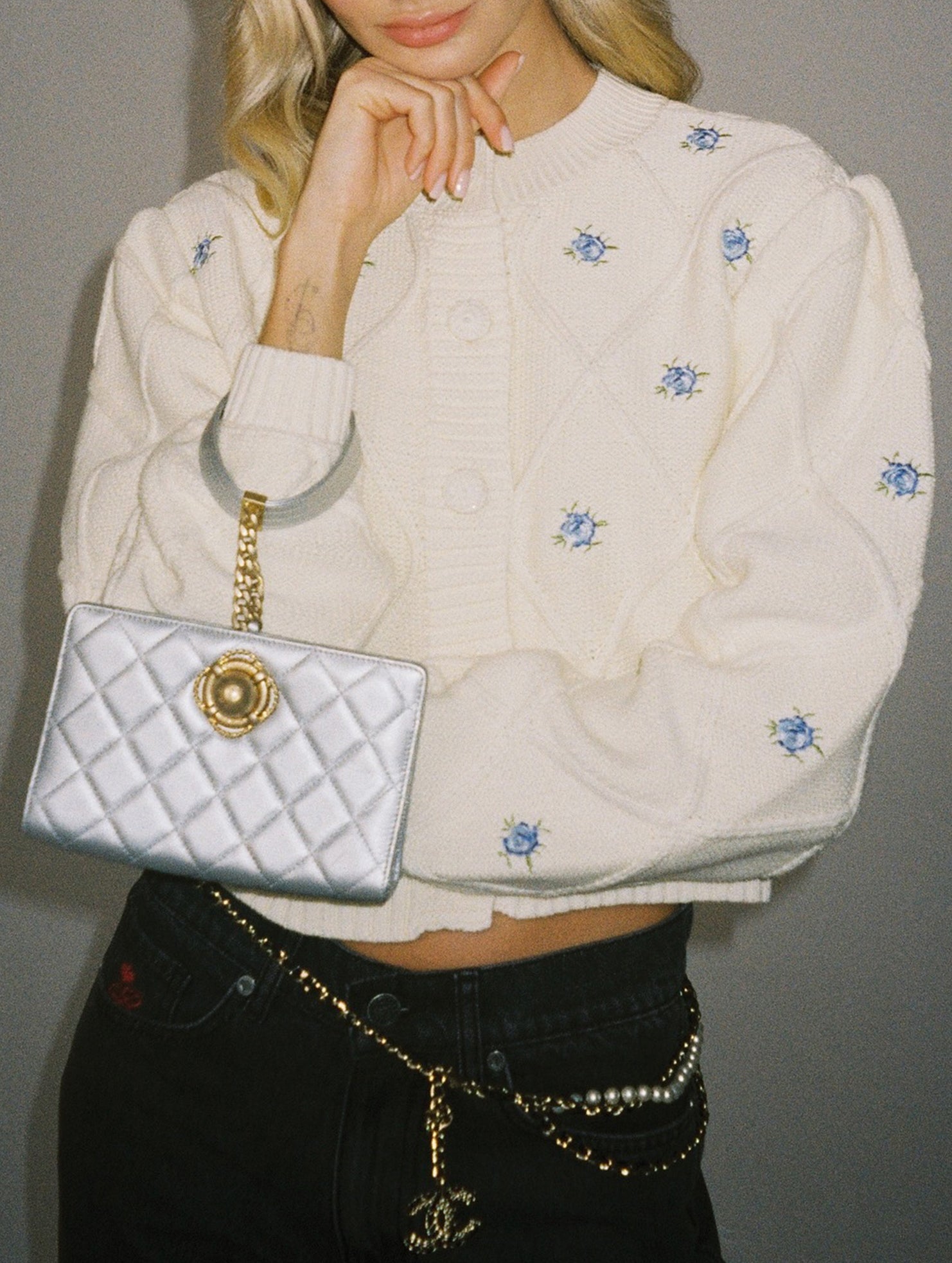 Loose floral embroidered crew neck cardigan