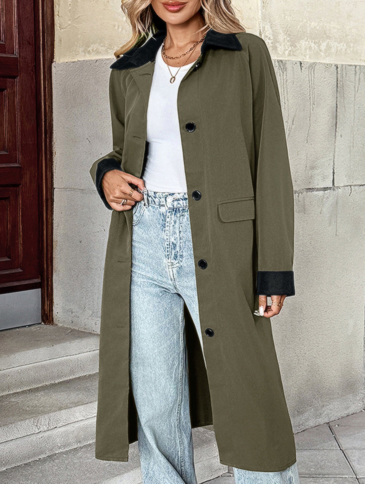 Elongated single-breasted lapel colorblock coat