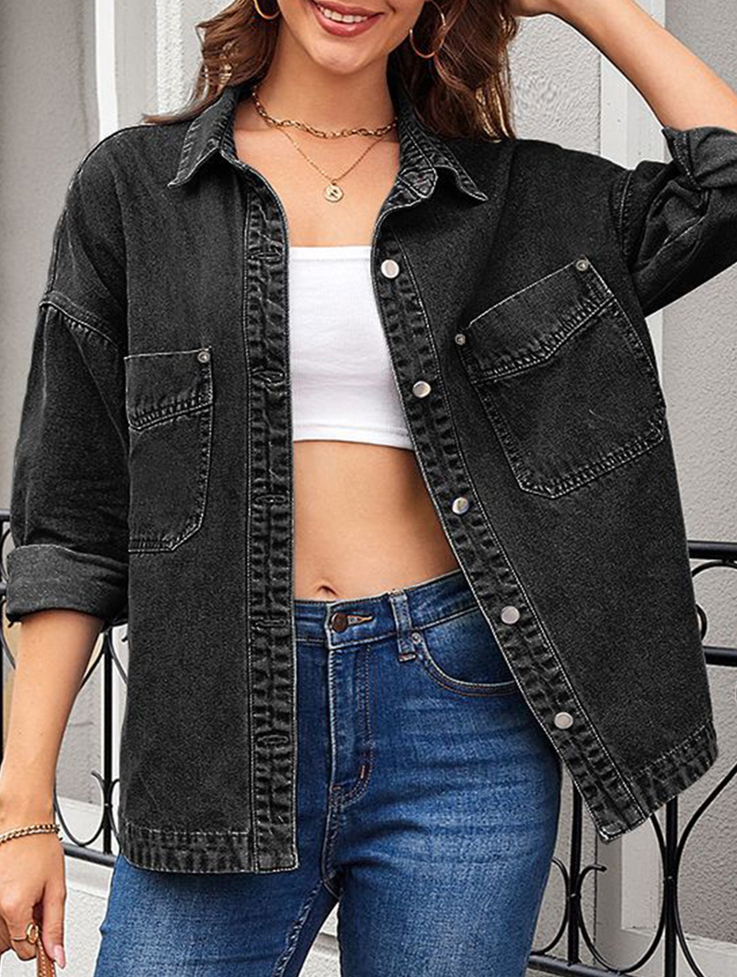 Retro loose casual split denim shirt
